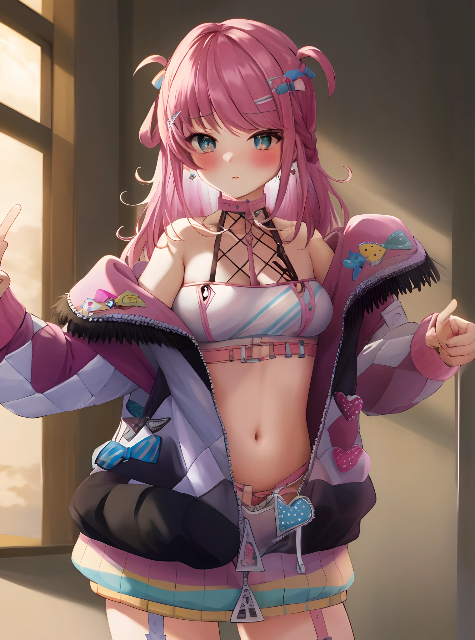 Masterpiece, Detailed, High quality, absurderes, Tursi, 1girll, Solo, Blush, Small breasts, Jacket, Partially unzipped, Cowboy shot,Highlight sexy，seductiv，Sexual huge breasts cleavage，Hint at the theme