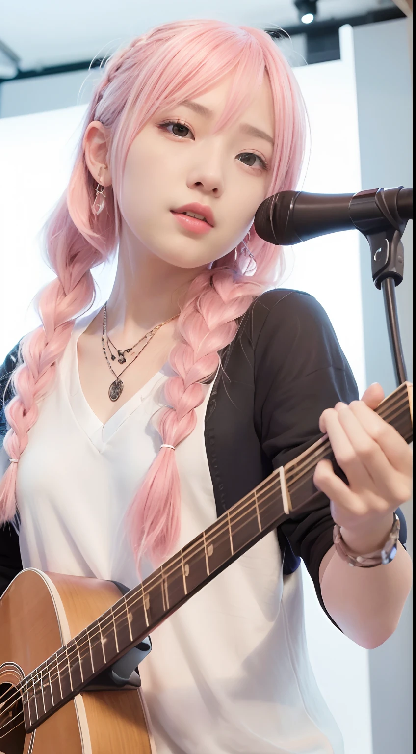 (masutepiece:1.3, Best Quality, Photorealistic, Ultra-detailed, Finely detailed, High resolution, 8K Wallpaper), 1 beautiful girl, Band Group Vocals, In a white hoodie, Singing a song on an electric guitar, Stand Microphone, Mouth open, Beautiful face, Detailed face, Beautiful eyes, Detailed eyes, Looks fun、Smiling, earrings, Necklace, Detailed guitar, (Straight guitar neck and 6 strings), Only 1 person,Pink Hair Medium Hair, (Pink hair), Ear Hair, small tits, Single braid, (Single braid), (Side braid),on a stage, Spotlight, Look at the viewer、small tits