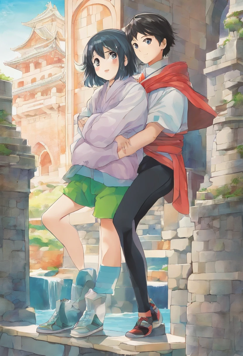 mother wearing patyhose with her son. in the castle.