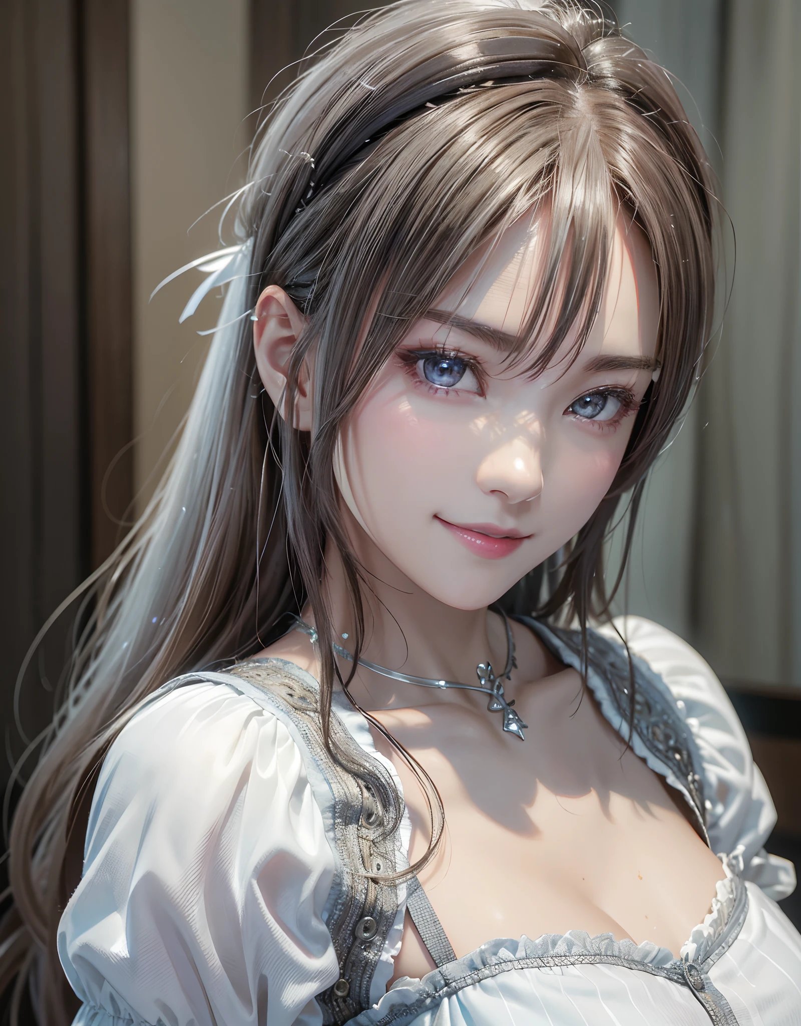 close to face, best quality, highres, hires, skin definition, detailed skin, detailed eyes, detailed face, (Caucasian:1.5), lifelike, ((AV model)), 4k, 8k, (photorealistic:1.5), gray hair, long eyelashes, solid circle eyes, light smile, multiple hair bows, navel, realism, drop shadow, dutch angle, 8k, super detail, ccurate, best quality, (white theme:1.4), (huge boobs:1.3), cleavage, micro bra, 1girl, solo, sexy pose, upper body, beautiful face, Caucasian, nsfw, portrait, white hot bra, white theme, (large breasts, huge long boobs:1.3),