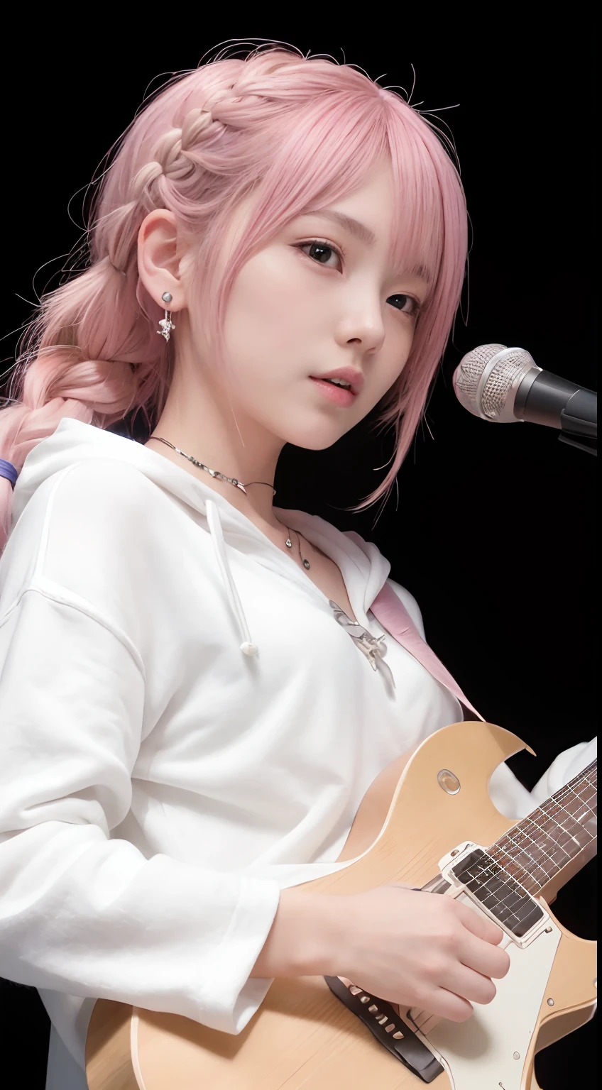 (masutepiece:1.3, Best Quality, Photorealistic, Ultra-detailed, Finely detailed, High resolution, 8K Wallpaper), 1 beautiful girl, Band Group Vocals, In a white hoodie, Singing a song on an electric guitar, Stand Microphone, Mouth open, Beautiful face, Detailed face, Beautiful eyes, Detailed eyes, Looks fun、Smiling, earrings, Necklace, Detailed guitar, (Straight guitar neck and 6 strings), Only 1 person,Pink Hair Medium Hair, (Pink hair), Ear Hair, small tits, Single braid, (Single braid), (Side braid),on a stage, Spotlight, Look at the viewer、small tits