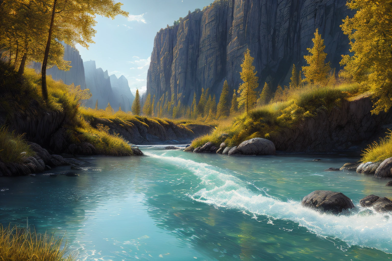 paysage futuriste, Eau, (Highly detailed CG Unit 8k wallpaper), The most beautiful work of art in the world, Professional majestic oil painting, complexe, High detail, mise au point nette, dramatique, Art of photorealist painting,