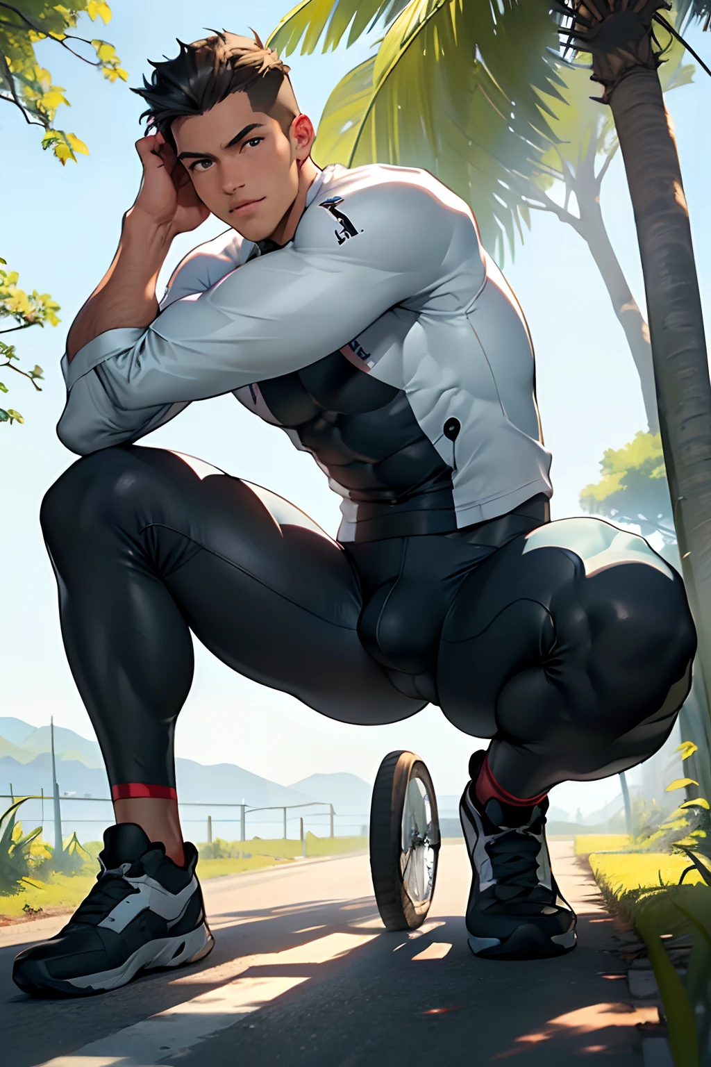 ((Best Quality, 8K, ultra-detailed, Masterpiece: 1.3)), 1boy, shiny skin, sharp, Perfect Body Beauty, realistic shaded perfect body, (cute baby face:1.1),("bike shots,big bulge ":1.2), (bulge focus:1.2) ,squatting
