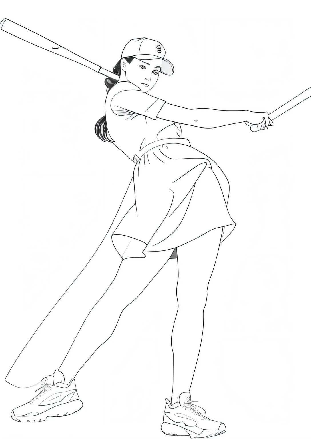 A painting of a woman in a baseball uniform holding a bat, 3 / 4 pose, drawn with a single line, girl in a dress, full figure centered in portrait, minimalist line art, Outline sketch, doing an elegant pose, Simple lines of art, standing elegant pose, drawn in microsoft paint, doing an elegant pose over you, single line drawing, front poses