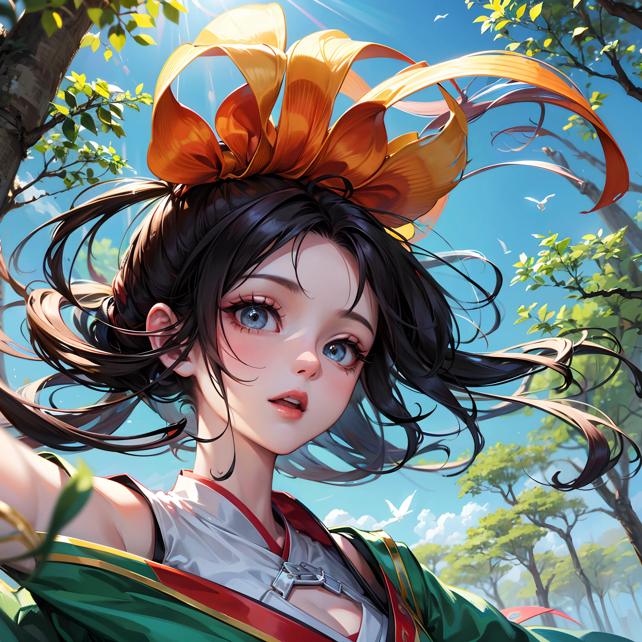 ultra-fino, 夏天, Anos 2000, Japan people, olhos grandes, mulher bonito, gelado, Hair is long, swaying in the wind, Blusa Branca Fina, Um pouco puro, grandes nuvens, blue skies, Parque Urbano, sunlight filtering through the trees, sentado em um banco, atmosfera tranquila, Detalhe HD, hiper detalhe, filme, Surrealismoo, luz suave, Foco de Campo Profundo Bokeh, ray tracing, Surrealismo.