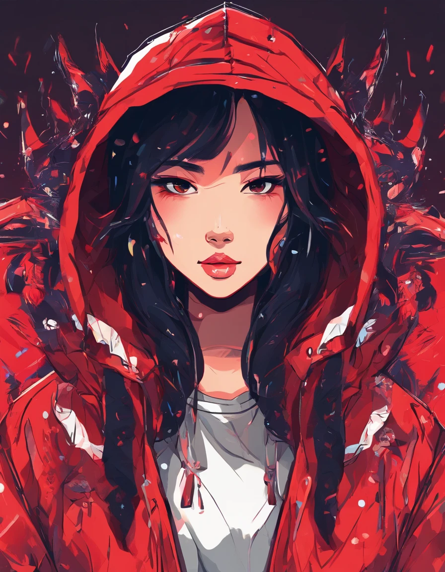 close up photograph, Confident young woman,Asian people,Black color hair,with brown eye,Wear a hoodie with a red dragon pattern, On the streets soaked with rain at night