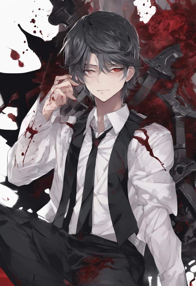 (masterpiece, best quality:1.2), solo, male focus, 1boy, chainsaw man, chainsaw, sharp teeth, open mouth, tongue, white collared shirt, (blood_on_clothes:1.2), black necktie, black pants