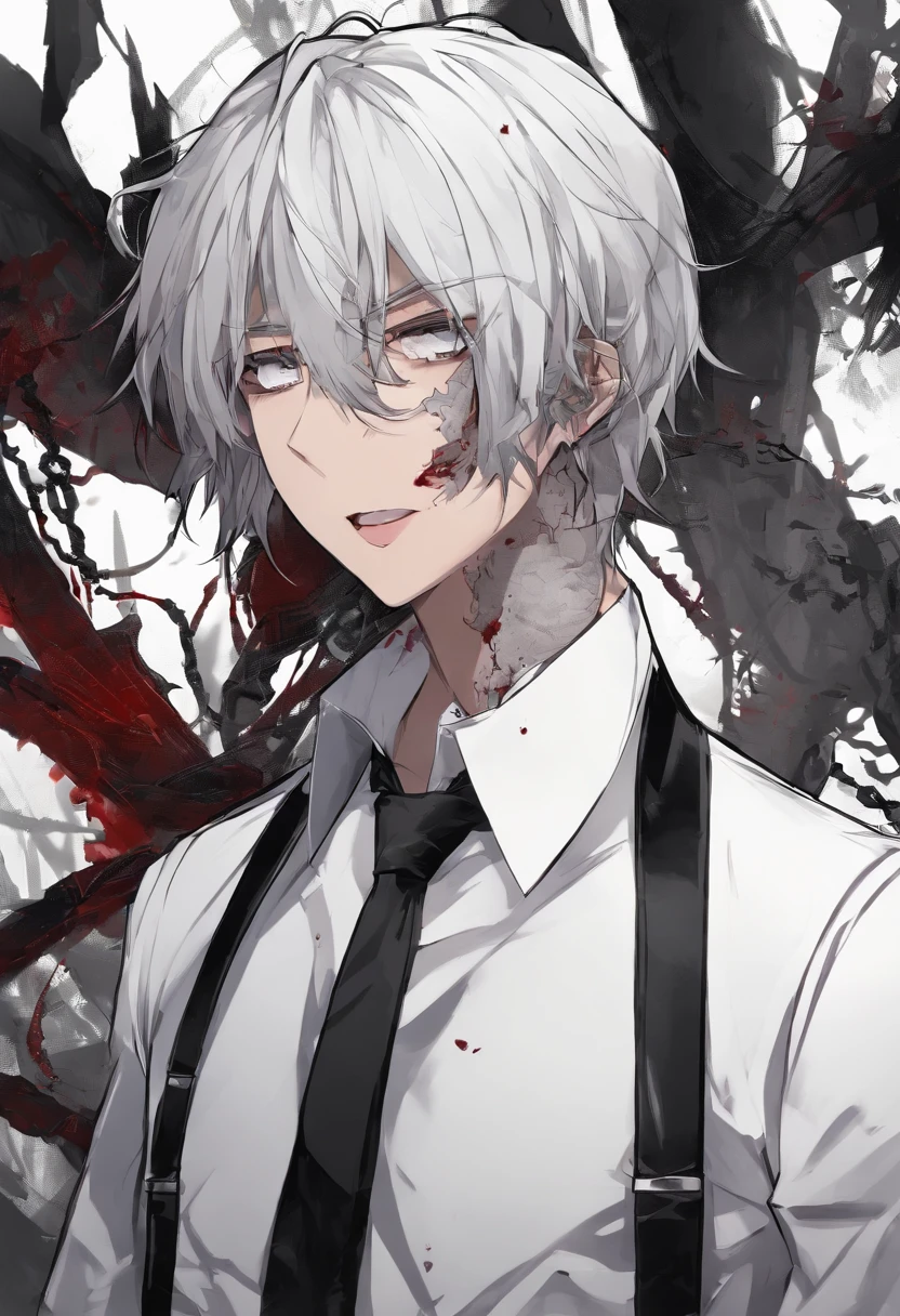 anime character with white hair and red eyes in a black vest, with red glowing eyes, his eyes are bleeding intense, with glowing red eyes, Best anime 4k konachan wallpaper, portrait gapmoe yandere grimdark, gapmoe yandere, gapmoe yandere grimdark, handsome guy in demon killer art, zerochan art, kaneki ken