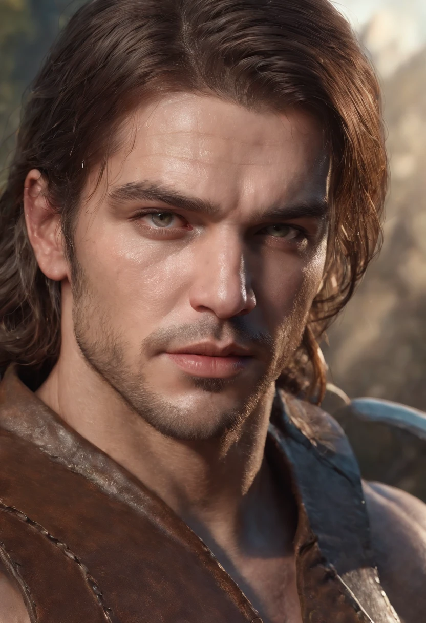(professional 3d render:1.3) most beautiful artwork photo in the world, Features soft and shiny male heroes, ((Epic hero fantasy muscle man rough wet hero angry looking long hair short beard and ferocious expression in dynamic pose, Fantastic location, Majestic cluttered environment)), full body 8k unity render, action shot, skin pore, very dark lighting, heavyshading, Detailed, Detailed face, vibrant, photograph realistic, Dramatic, Dark, Sharp focus, Old leather garments damaged by weathering, Wear fur, (Intricate:1.4), decadent, (Highly detailed:1.4), Digital painting, rendering by octane, art stations, concept-art, smooth, Sharp focus, Art germ, wlop ilya kuvshinov,(Global illumination, Studio light, volumettic light), particles floating, Brown hair, scar on the cheek, Multicolored eyes, Serious, illustration, surrealism, conceptual art, Cinematic lighting, Ray tracing, Vignetting, angle of view, Anatomically correct, Textured skin, Award-Awarded, ccurate