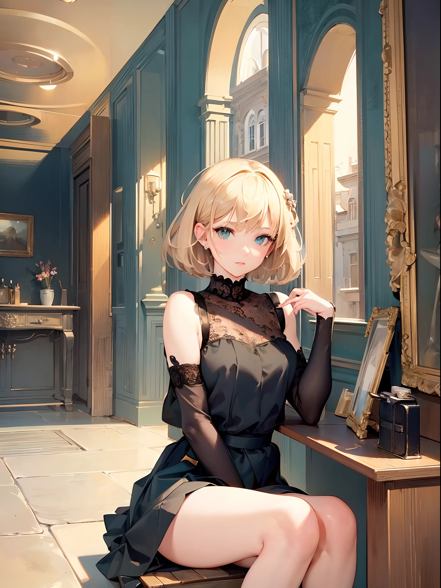 (masterpiece), best quality, expressive eyes, perfect face, one girl, blonde hair, realistic hair, short hair, green eyes, cute face, cute girl, shy, thigh highs, mini skirt, black skirt, shot from behind, sitting, look at viewer, high quality, ultra high resolution,