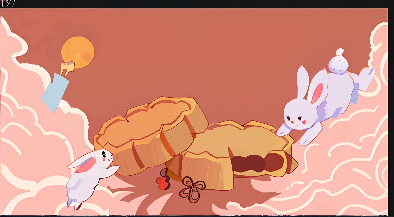 The theme is an illustration of the Mid-Autumn Festival,The main graphic is a mooncake,On the left there is a rabbit and Kong Ming lantern,There is a rabbit on the right,It is decorated with clouds,National tide painting style