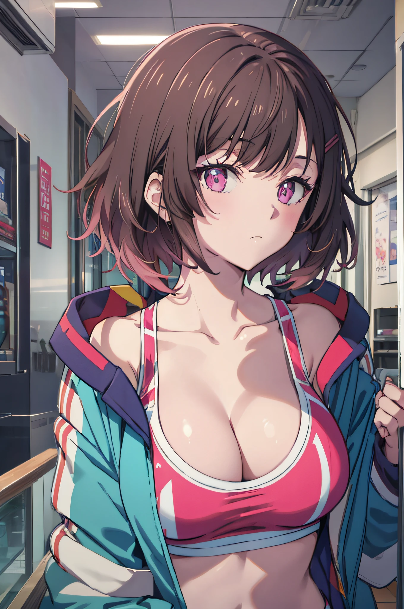 masutepiece, Best Quality, High resolution, Ultra High Resolution, depth of fields, Short hair, Brown hair, Pink eyes, hair pin, Long sleeves, cleavage, Big Tits, 鎖骨, Jacket, Jacket Off, Jacket open, Blue jacket, Sports Bra