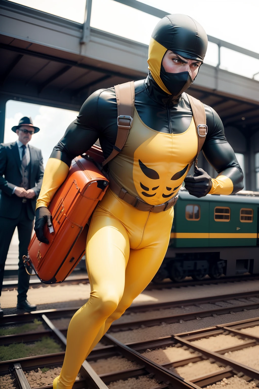 Man in yellow morph suit and gimp mask being chased by needs carrying model railway trains