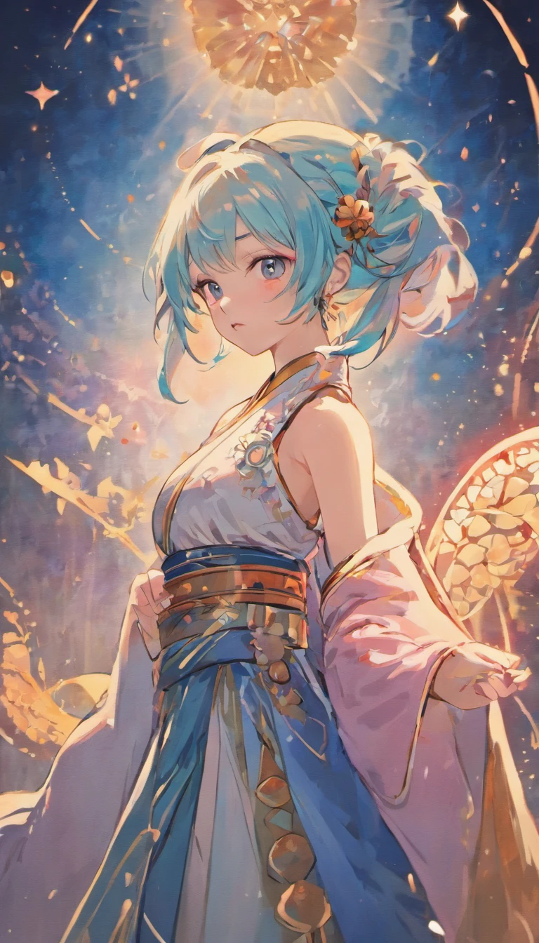 (best qualtiy,tmasterpiece), Beautiful age girl, Beautiful goddess, ((period costume, Hanfu, One shoulder)), Beautiful hair accessories, the night, starrysky, cold light, (in pink, cyan colors, white colors), ((from below)), ((full body)), ((realistic)), blue hair, tan