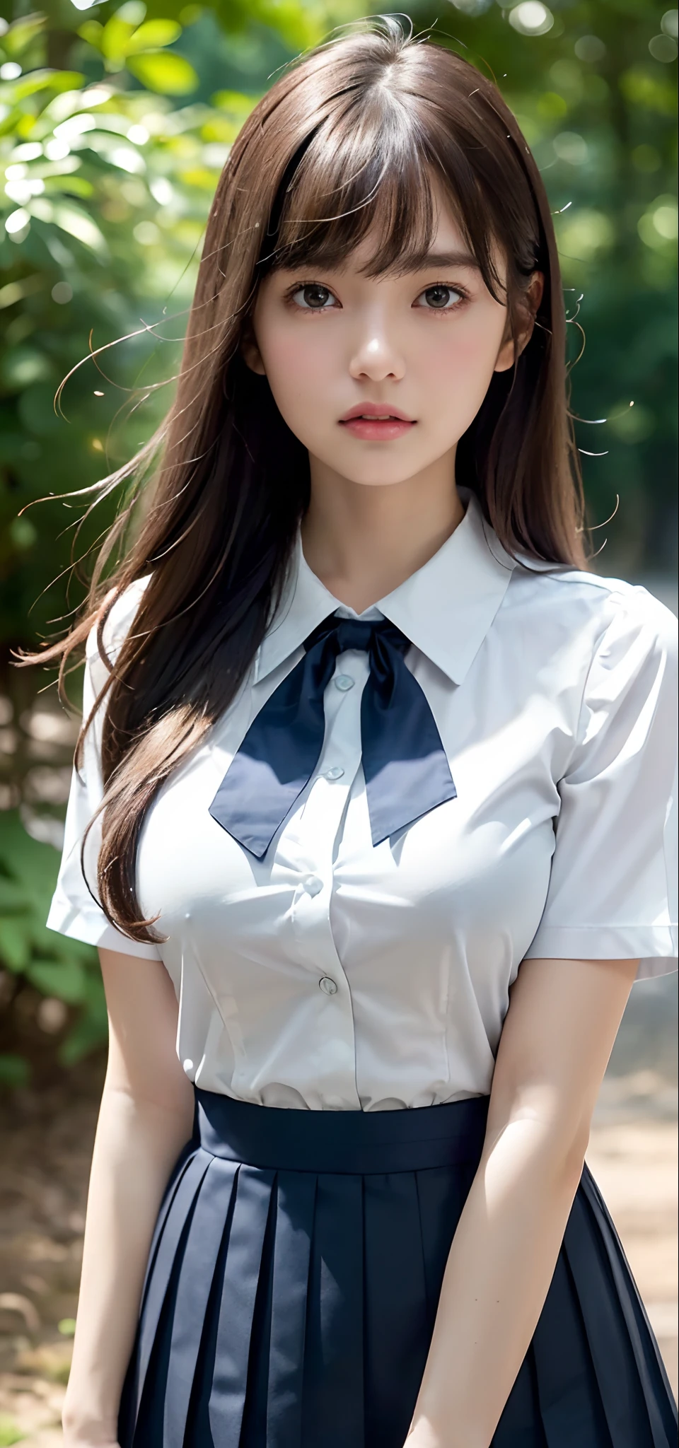 1womanl, up of face, Colossal tits,light brown hair, Blunt bangs, hair behind ear, hair over shoulder, Long hair, slender body shape, Ultra Fine Face, Thin face, Delicate lips, Beautiful eyes, thin blush, eyes are light brown, perfect glossy skin, flawless skin, Glistening sweat,View here, Ultra-thin hands, Ultra-fine fingers:realisitic:1.3), Broad-leaved forest, One-person viewpoint, Fuji Film, 8K, masutepiece, nffsw, ((Ultra ultra detail:1.3)), High quality, Best Quality, hight resolution, ((Detailed, High-quality and realistic finger reproduction:1.3))、the golden hour Beautiful light, (((Schoolgirl Uniform)))、(((White Short Sleeve Low Cut Front Button Shirt、Dark blue ribbon)))、((Ultra Micro Mini Dark Blue Pleated Skirt:1.3)),((Colossal tits)) (((Positive image:1.3))),((Light shirt:1.2)),((Bra is white with shoulder straps),((FULL BODYSHOT:1.3)) (Show your thighs a little:1.2)