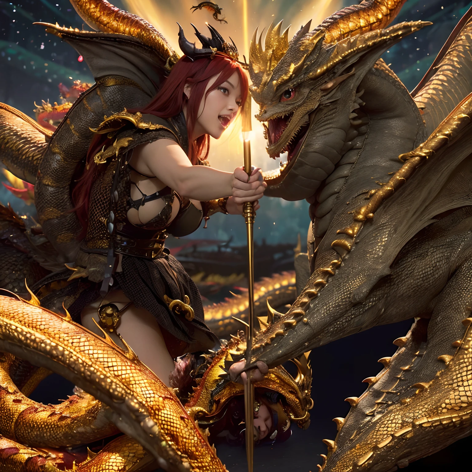 Organic image of a sexy magician woman, 40 years old, 1:50 tall and 80 kilos body weight. White skin with long dark hair, dressed in very transparent black silk lingerie (you can see her hairy pussy), riding on the back of a Dragon God with blue eyes and a crown on his head, hyper-realistic dragon art. Fantasy art. HD 8k.