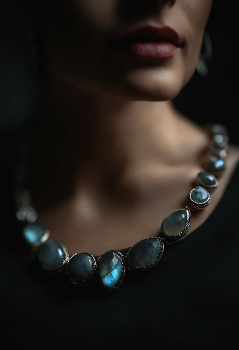 On the table was a necklace,The necklace is made of natural labradorite,Unique design,(choker necklace),4k高清,(Real Photographics),Masterpiece, Best quality