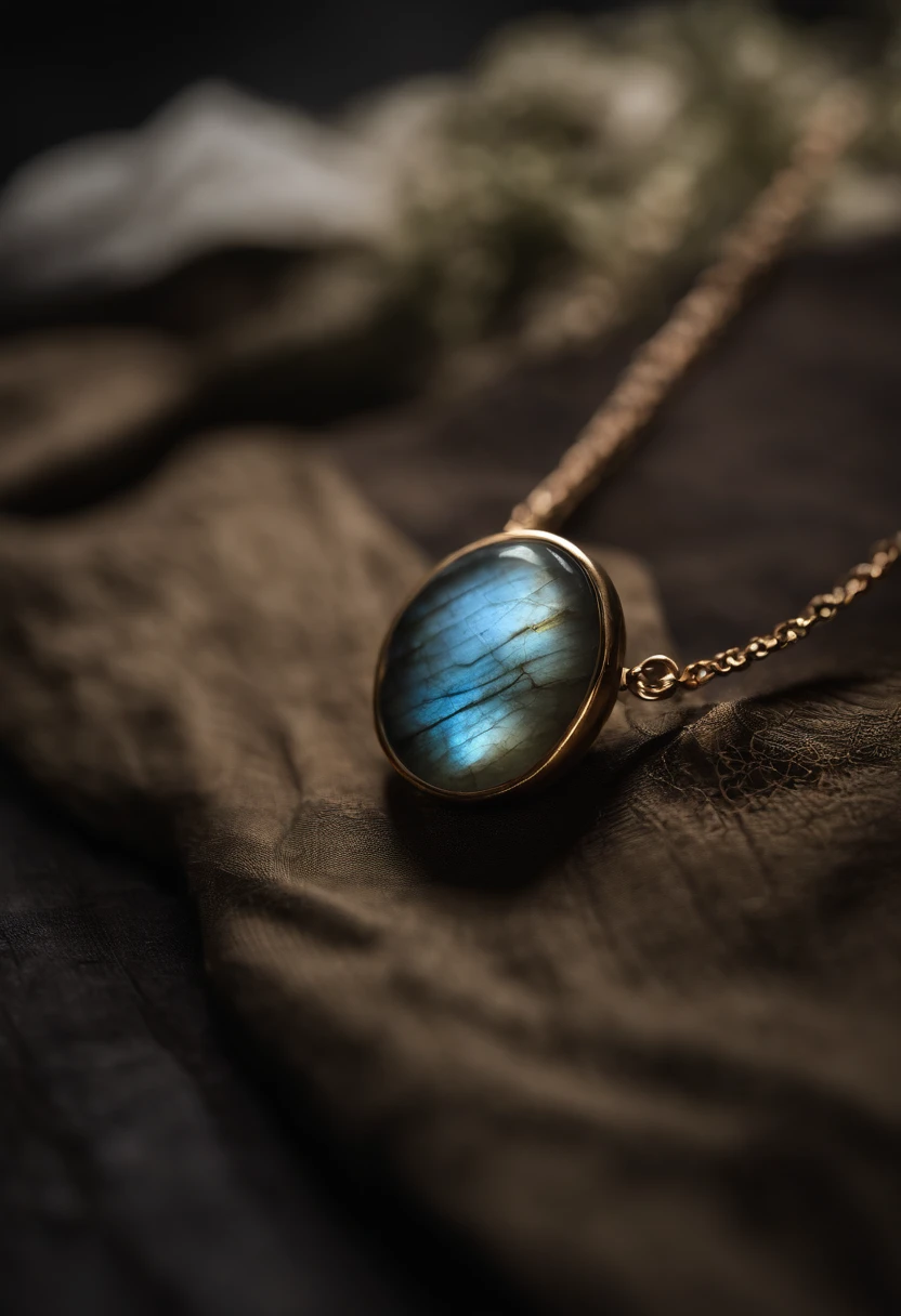 On the table was a necklace,The necklace is made of natural labradorite,Unique design,(choker necklace),4k高清,(Real Photographics),Masterpiece, Best quality