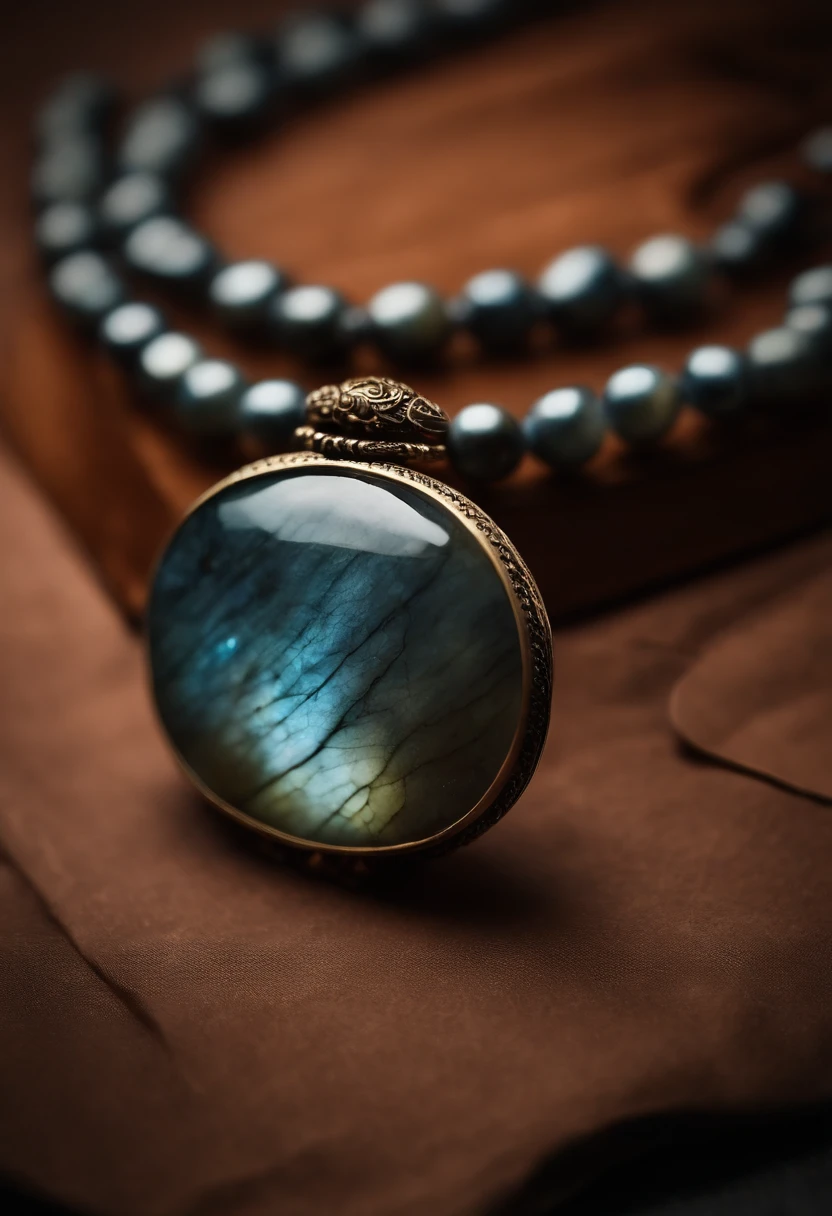On the table was a necklace,The necklace is made of natural labradorite,Unique design,(choker necklace),4k高清,(Real Photographics),Masterpiece, Best quality