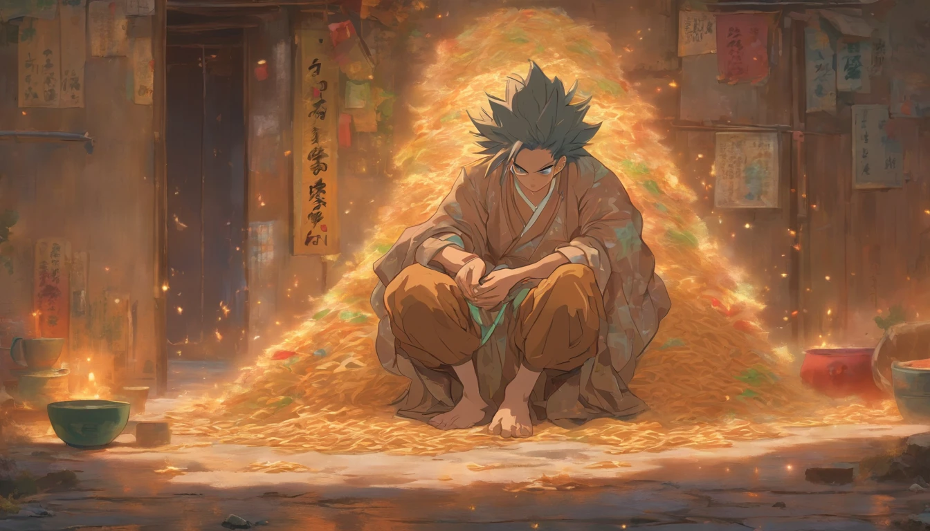 A thin man, Wearing tattered clothes, squatting in the corner,Holding a bowl of instant noodles, Surrounded by dilapidated walls and furniture, Exudes feelings of hopelessness and poverty. , 32K, Best quality, Masterpiece, Super detail, High details ,in the style of the stars art group xing xing
