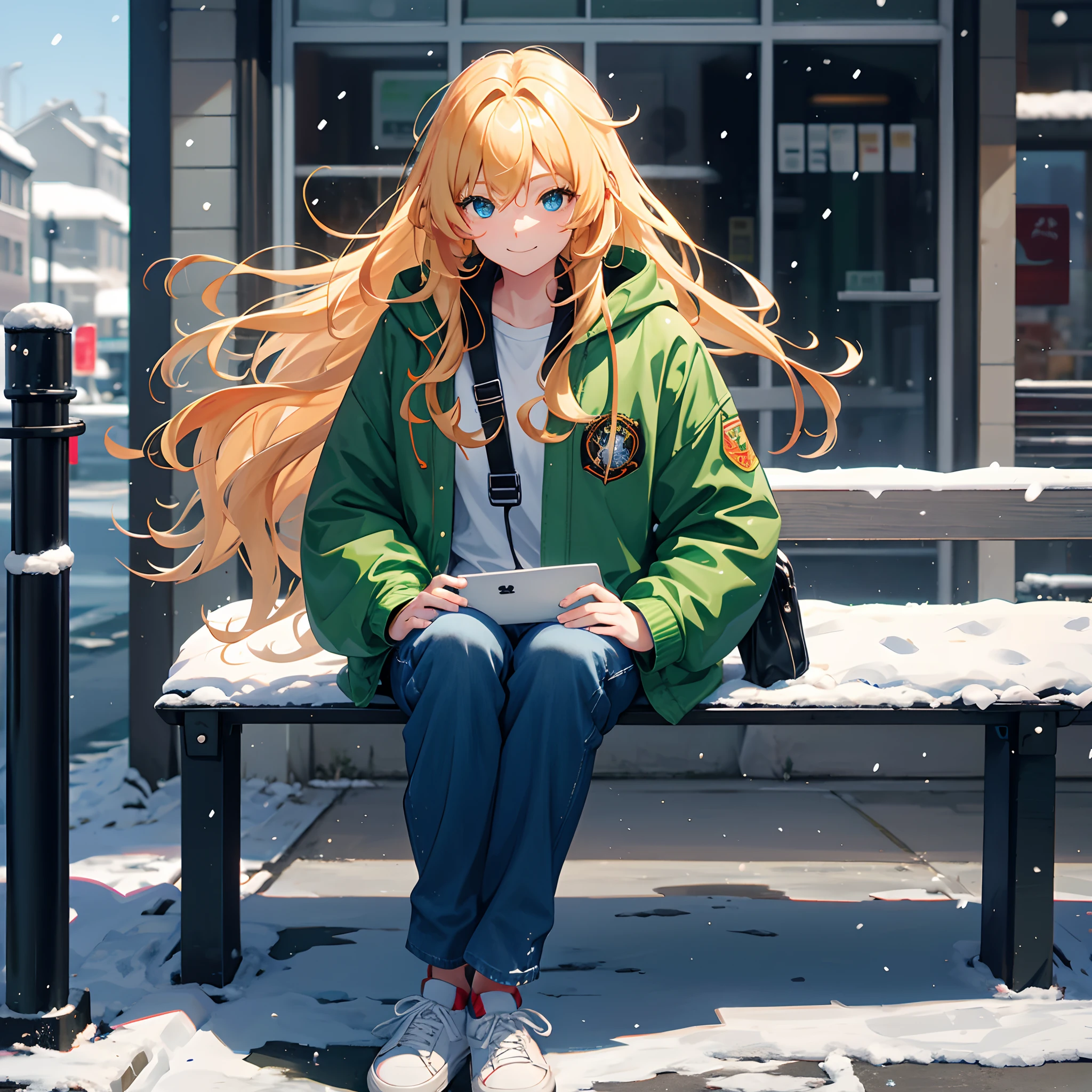 solo,A tall female college student,Big blonde waves,Hair length and shoulders,green pupills,Northeast big red cotton jacket,blue denim pants,black sneaker shoes,Carrying a black guitar backpack on his back,Heavy snowfall in winter,Sit on a street bench,Smile and wave to the camera