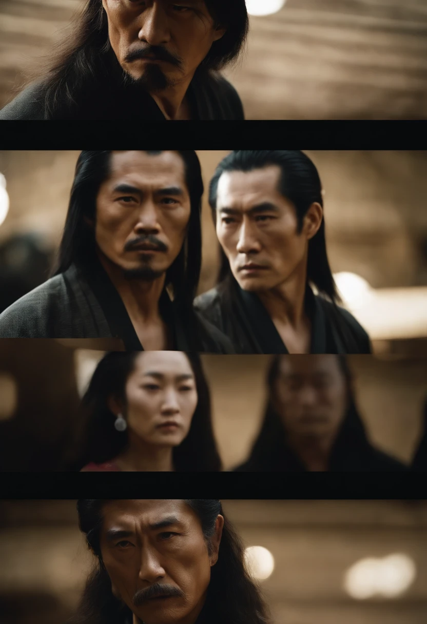 Martial arts novel Qiao Feng, The leader of the Dragon Eight Gang,Ken Takakura, Tall and strong,Long hair,The face is densely covered with short whisker roots,Darkening of the skin, burlap