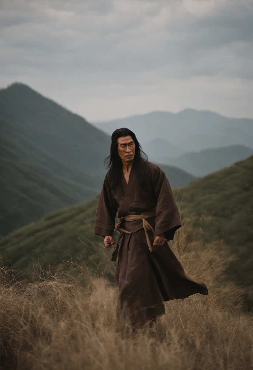 Martial arts novel Qiao Feng, The leader of the Dragon Eight Gang,Ken Takakura, Tall and strong,Long hair,The face is densely covered with short whisker roots,Darkening of the skin, burlap