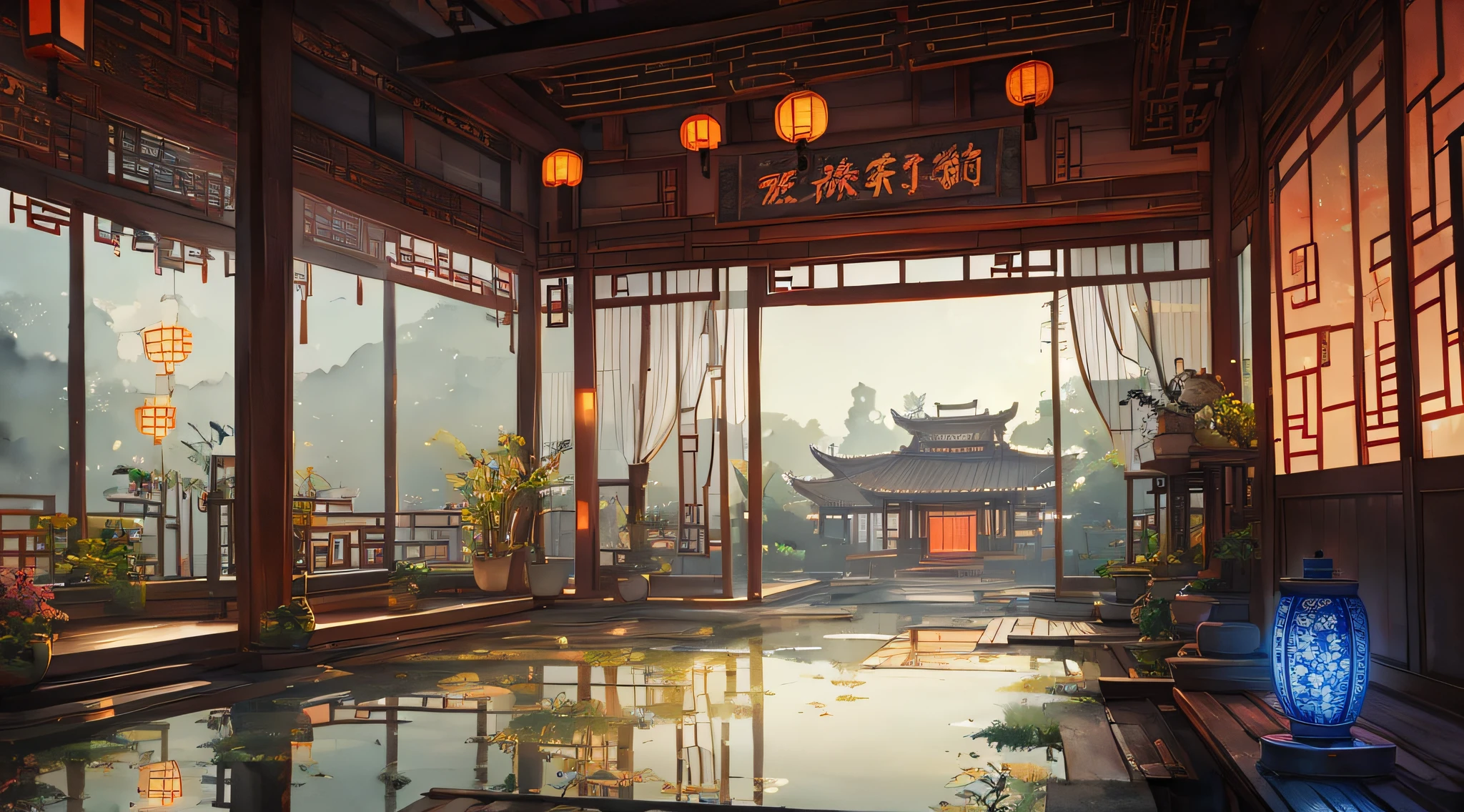 (((ink))), ((watercolor)),((wash painting)),((ink s...)),nature,rice paddy,building,architecture,traditional_chinese_room,chinese_style_loft,Cinematic Lighting,glowing neon lights,moody lighting,