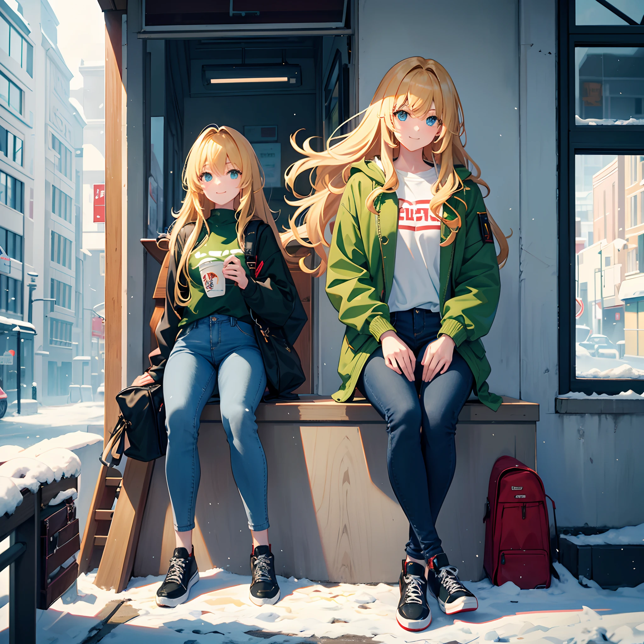solo，A tall female college student，Big blonde waves，Hair length and shoulders，green pupills，Northeast big red cotton jacket，blue denim pants，black sneaker shoes，Carrying a black guitar backpack on his back，Heavy snowfall in winter，Sit on a street bench，Smile and wave to the camera