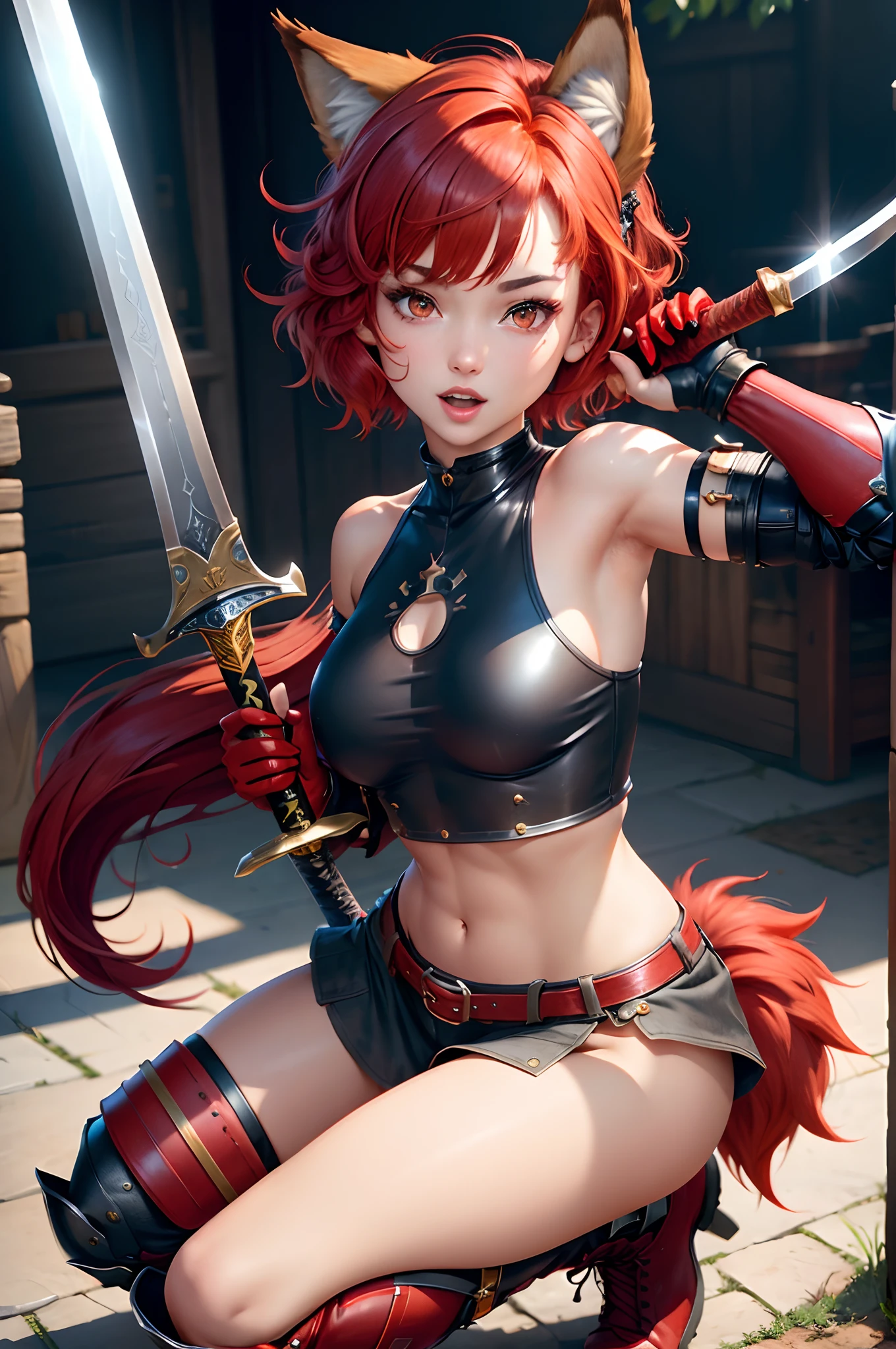 (masterpiece:1.3) extremely detailed, best quality, ((extremely detailed CG)), wolf ears, wolf tail, solo, 1girl, bare shoulders, bodysuit, boots, young girl, clothing, scarlet red hair, sky red hair, short hair, side locks, bangs, elbow gloves, footwear, gloves, gold eyes, red eyes, looking at viewer, medium hair, power_symbol, sideboob, navel, midriff, 1girl, hair ornament, hair ribbon, short hair, holding sword handle, fun expression, sword stance, sexy knight armor,