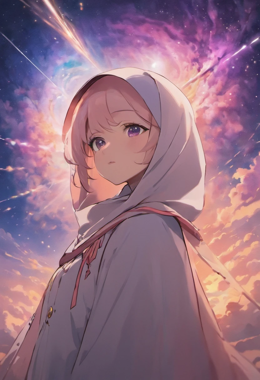 ((wearing a hijab)), masterpiece, best quality, extremely detailed CG Unity 8k wallpaper, kirigami, (detailed face), detailed eyes, bright sky nebula, 2 guys, : 16,ne stands on the shoulders of the other
