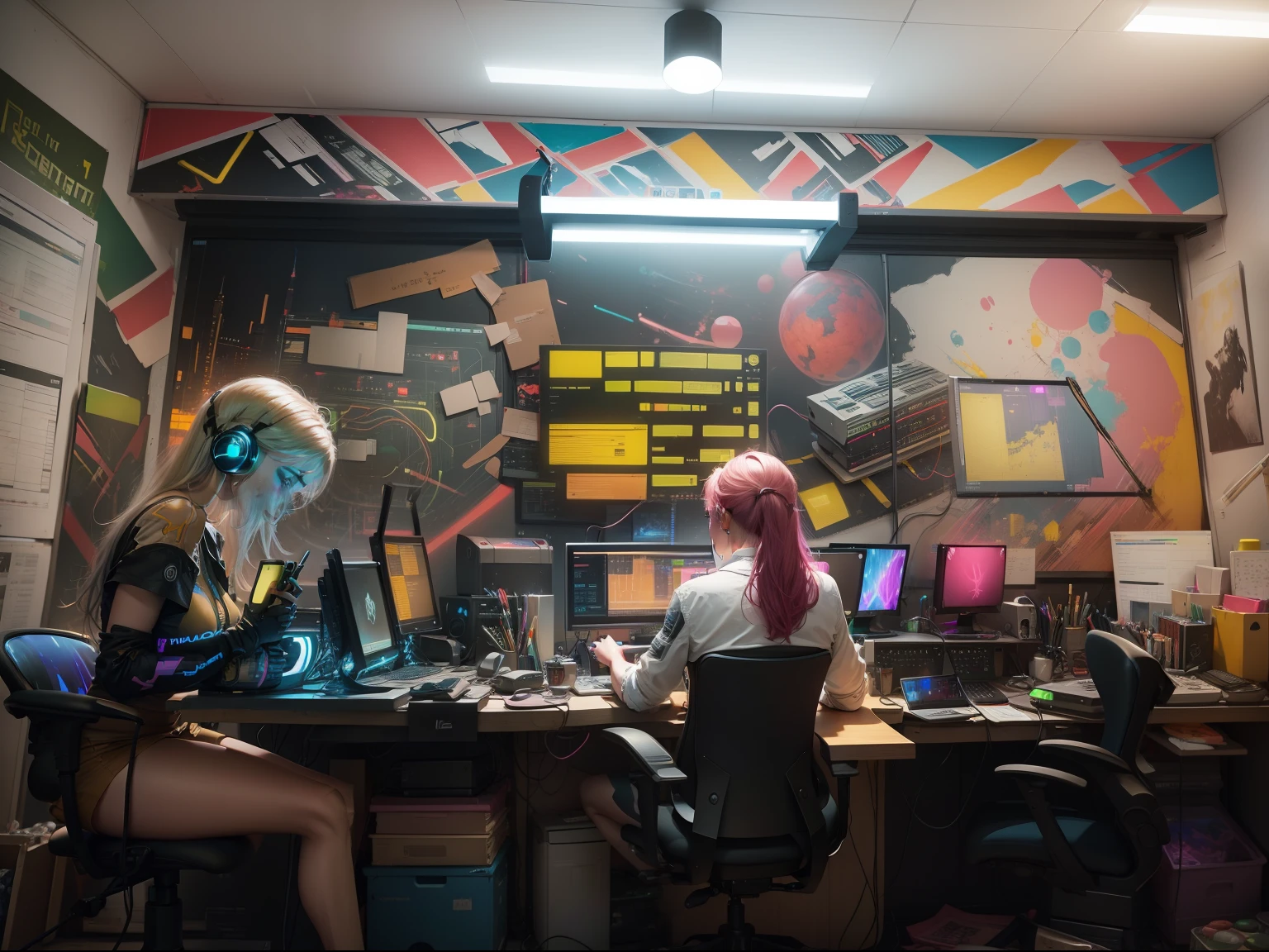 computer studio neon light realistic,8k art , painting