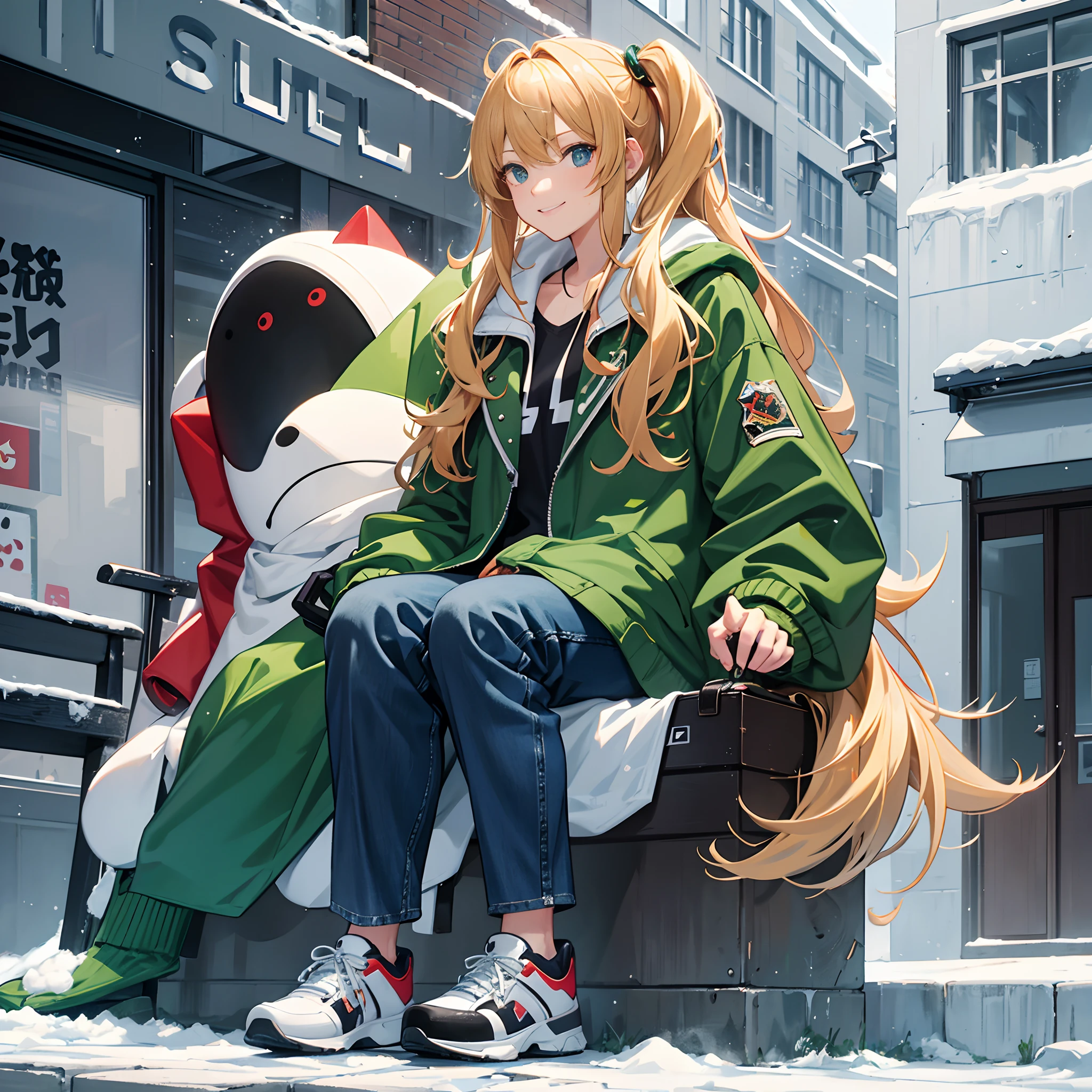 solo，A tall female college student，Big blonde waves，Hair length and shoulders，green pupills，Northeast big red cotton jacket，blue denim pants，black sneaker shoes，Carrying a black guitar backpack on his back，Heavy snowfall in winter，Sit on a street bench，Smile and wave to the camera