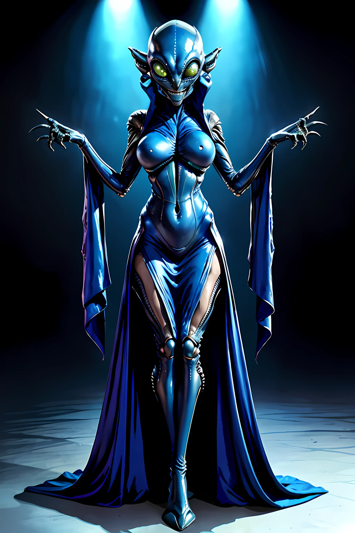 blue-body alian, alien, predetor, Giger-ish alien, Catfish-shaped aliens、(giger-ish alien face:1.5), (alien woman monster:1.3), inspiration from fifth element, singing at stage in space ship bar, tall. 10 life size, wearing a blue satin dress, maxi length dress, Bar Lounge、stage、audience、Audience fascinated by singing voices、