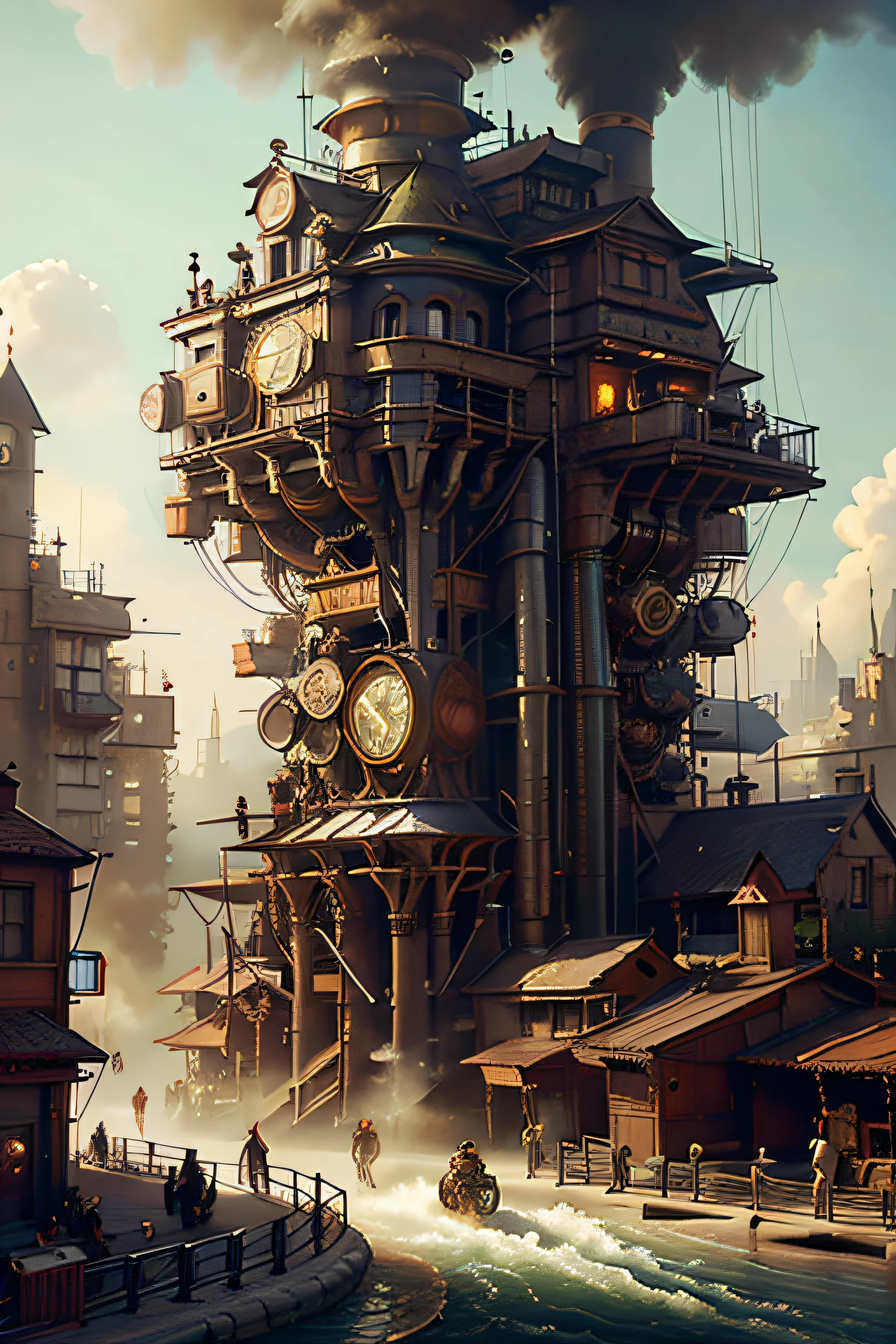 digital steampunk art, Cyber steampunk 8K 3D, steampunk digital art, Steampunk 3D rendering, steampunk concept art, Steampunk technique, Highly detailed 4K digital art, Portrait of a cyberpunk machine, Steampunk art, Beautiful cyberpunk woman face, detailed steampunk illustration, Master parts,best qualityer, Photorealist,Best shade,delicate,..primitive,超高分辨率,ultra realistic art,Gallery-grade works,offcial art,Wallpaper mandatory,6.40,000,,super high precision,the visual stunning shock,Sublime masterpiece,Peak clarity,1 huge steampunk city,A high-rise building covered by huge mechanical equipment,Displays contrasting scenes,Shrouded the city,Huge steampunk building,The surface is covered with complex gears and mechanisms,(Eyesight,Full view,full bodyesbian:1.2),(On the walls of urban steampunk,Handheld steam gun,Keep cities safe:1.2),steampunc,Spaceship,Steam robots,Cidade futuristica，Huge buildings and boats in the water, concept art inspired by Stephan Martinière, cgsociety contest winner, Fantasy art, solarpunk futuristic utopia, stuning fantasy 3 d render, fantasy architecture, futuristic palace, Sunpunk architecture, solarpunk city, in fantasy sci - fi city, solarpunk utopia, solarpunk village,