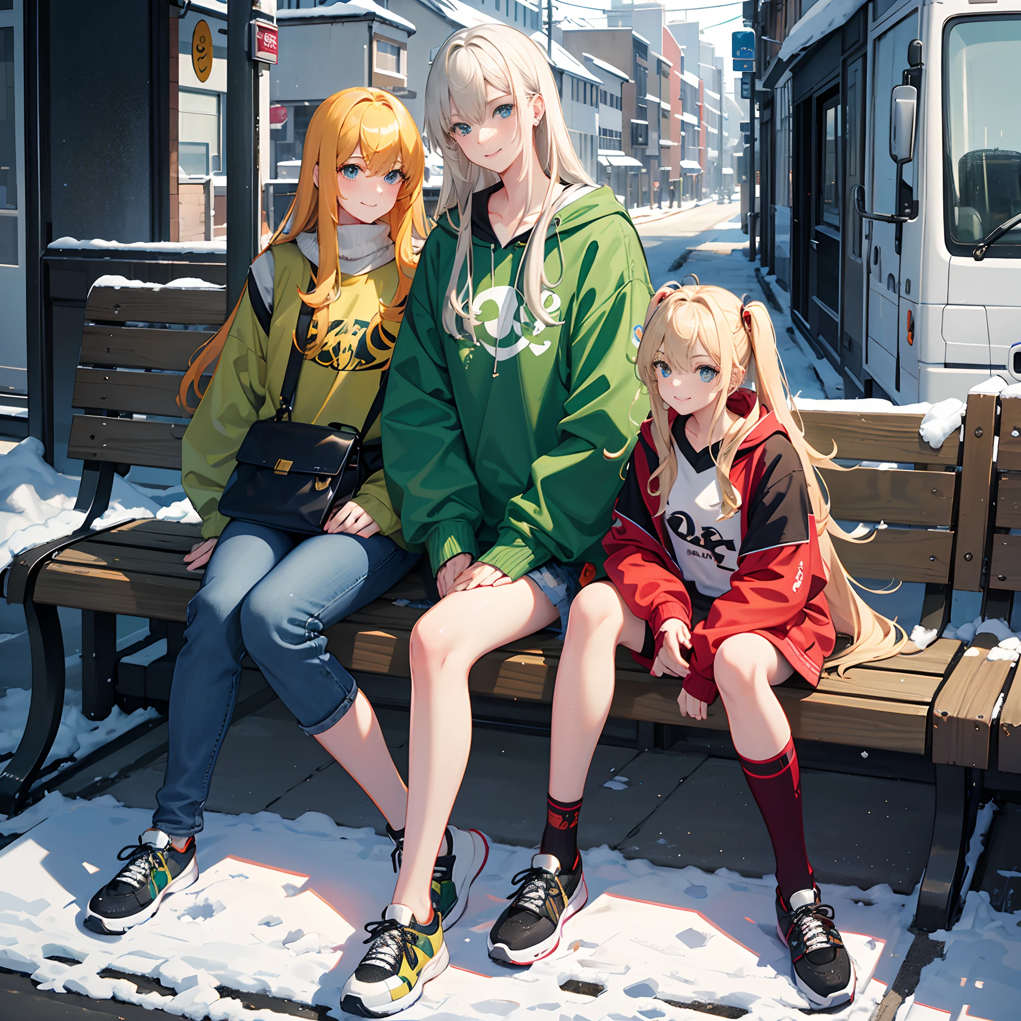 solo，A tall female college student，Big blonde waves，Hair length and shoulders，green pupills，Northeast big red cotton jacket，blue denim pants，black sneaker shoes，Carrying a black guitar backpack on his back，Heavy snowfall in winter，Sit on a street bench，Smile and wave to the camera