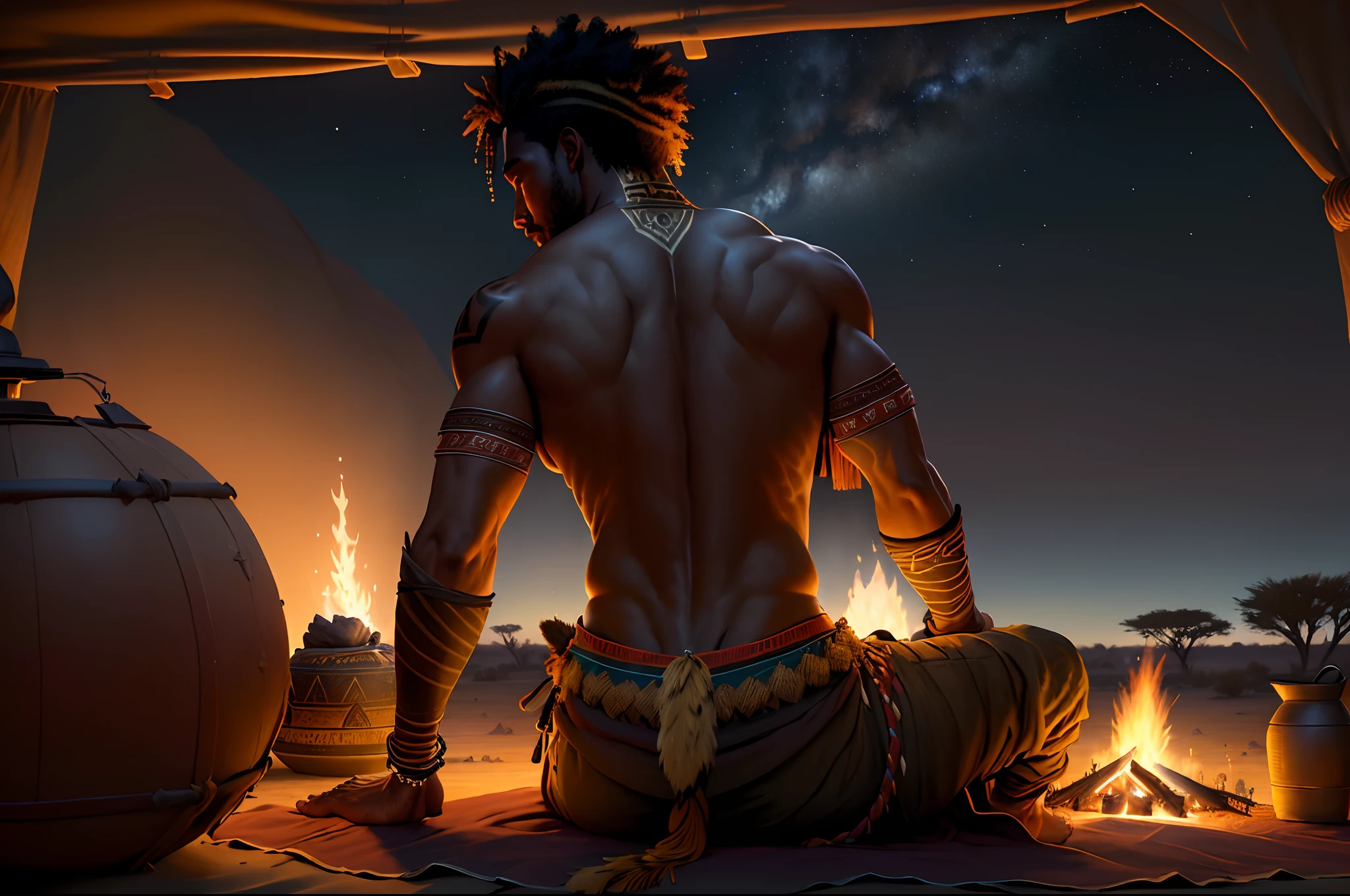 back view, dark lighting, (masterpiece, UHD, realistic, Greg Rutkowski style:1.3), an African tribal warrior sleeps soundly next to a campfire, the setting is the Kalahari savannah, African savannah background, night, sunrise, detailed textures, rich colors.