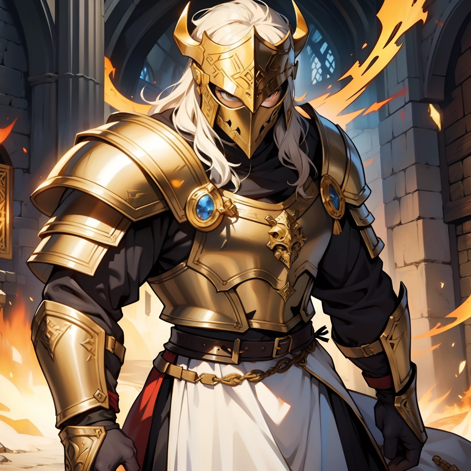 Viking Berserker with white and golden armor. Medieval art. Golden Aura. With Medieval Helmet hiding the face