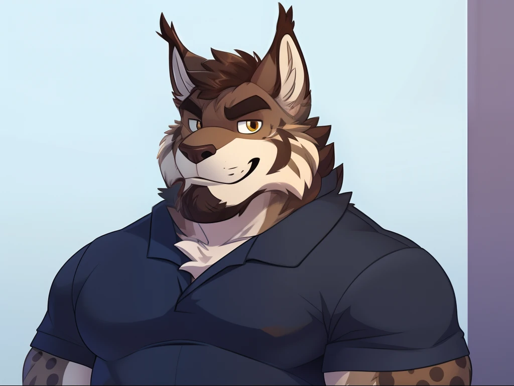 Canadian Lynx, furry, anthropomorphic, dark gray furs, dark brown rosette pattern, gruff looking, mature adult, clear detailed expressions (detailed eyes), strong built, standing upright, full portrait, casual posing, character sprite, line art, cartoony, eye level camera, indoor lighting, looking straight, calm expression (soft smile), flat shading, simple flat background