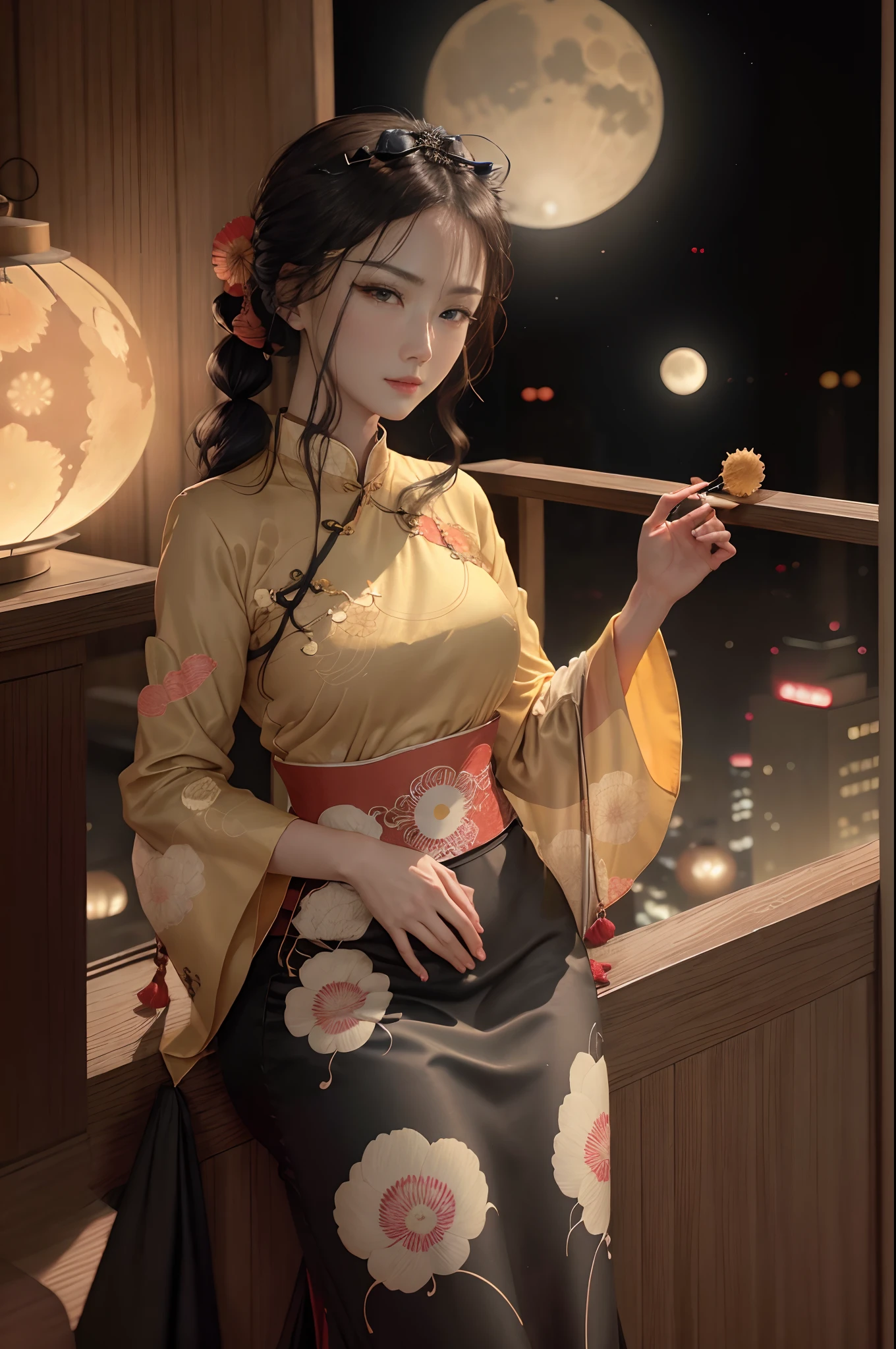 Mid-Autumn Festival，A bright moon hangs in the sky，An oriental woman，Wearing a cheongsam skirt，Now on top of high-rise buildings，outstanding，High-quality image quality，The face is clear，Look into the distance，ssmile，The upper part of the body，cabelos preto e longos。