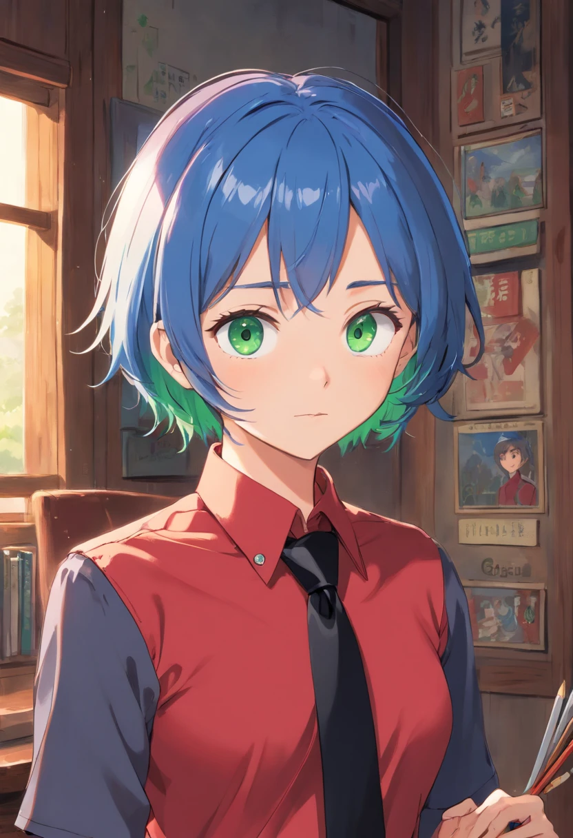 (red shirt, black necktie), Short Hair Hair, blue hair, very detail, ((tmasterpiece)), green eyes