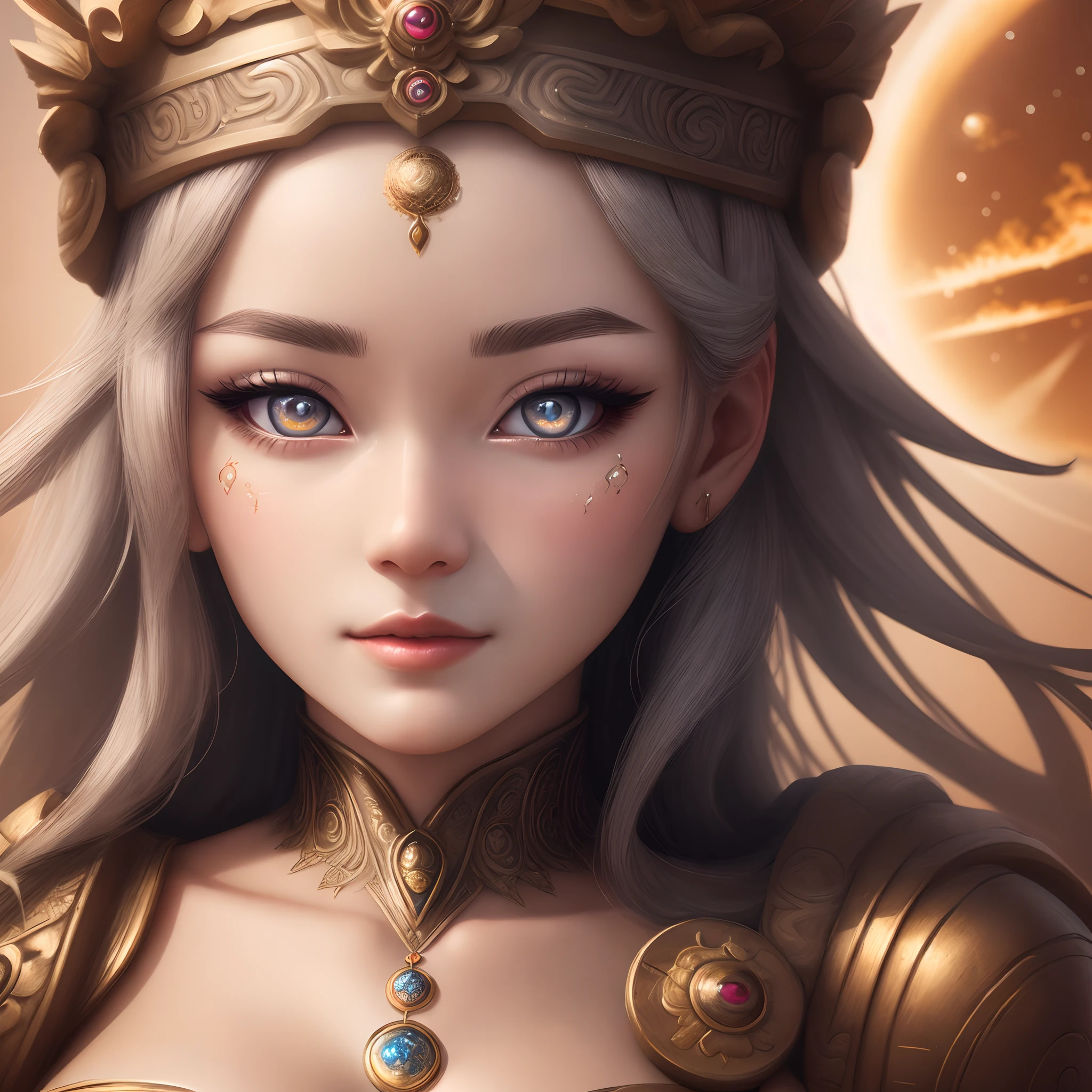 （best qualtiy，ultra - detailed，Most Best Illustration，Best Shadow，tmasterpiece，hight resolution，professionalartwork，famousartwork），Detailed eyes，beautidful eyes，closeup cleavage，sci-fy，colored sclera，Robotic eyes，face markings，tattooed，（fractalized，Fractal Eye），largeeyes，wide eyes，（Eye focus），sface focus，the eye of the universe，the eye of the universe，Close up of metal sculpture of woman with moon in hair，goddes。extremely high detail，3 d goddess portrait，Highly detailed footage of the goddess，a stunning portrait of a goddess，Side image of the goddess，portrait of a beautiful goddess，Full body close-up of goddess，Goddess of Athena，Portrait of the Goddess of Light，Sun Goddess
 Shading of light and shadow、Contrasty
