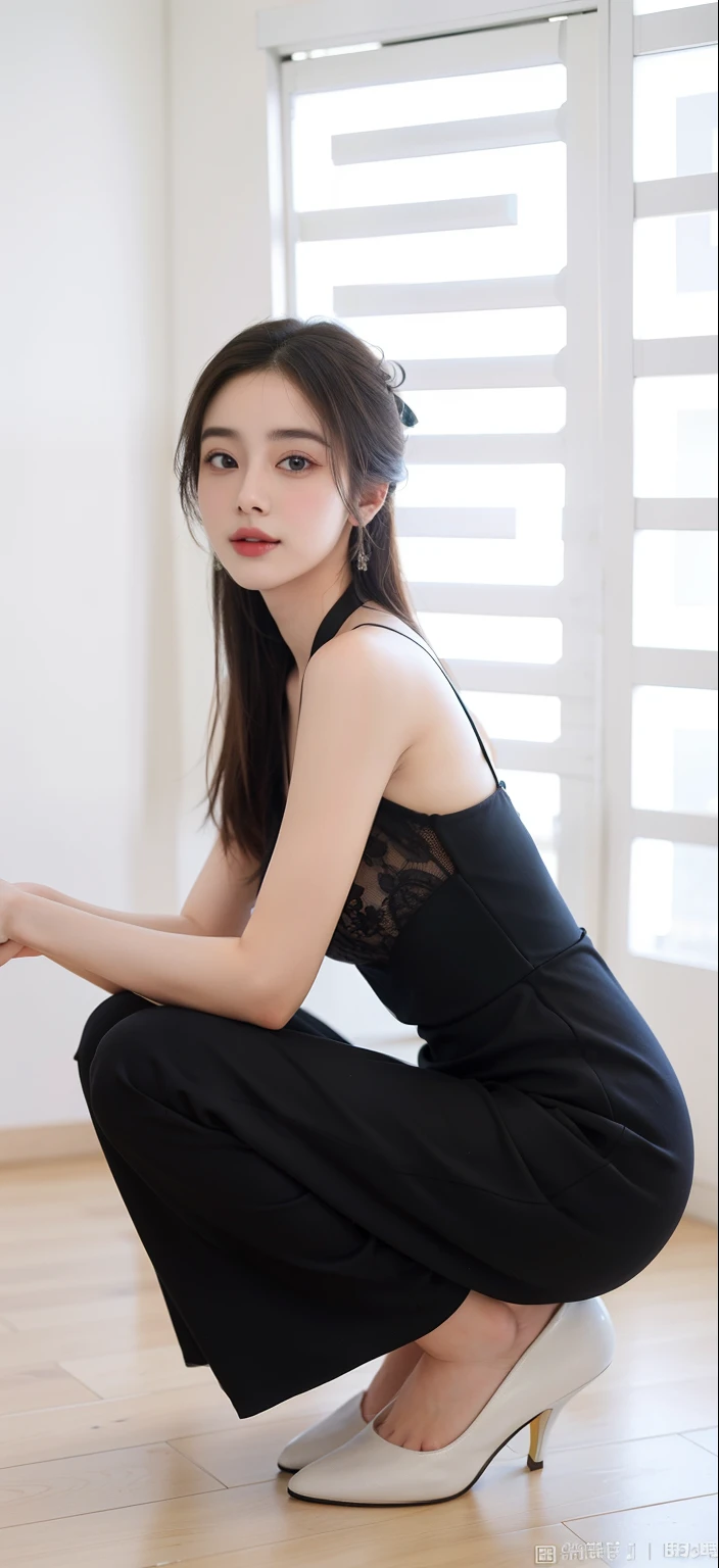 araffe woman in black dress kneeling on floor with legs crossed, dilraba dilmurat, bae suzy, jia, sha xi, ruan jia beautiful!, cai xukun, xianxia, inspired by Huang Ji, yan, li zixin, full body xianxia, gongbi, lu ji, xision wu, xintong chen, Best picture quality, masterpiece, ultra high resolution, 8k, cleavage, big boobs, bust detail, hair detail, eye detail, sharp eyes, thin smile, professional lighting