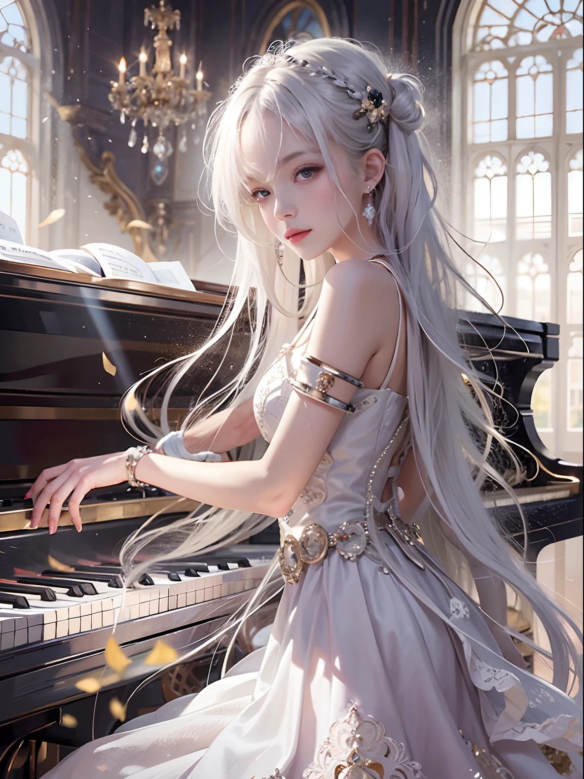 1girl, solo, long hair, piano, instrument, black eyes, dress, white dress, white hair, looking at viewer, light particles, closed mouth, indoors, jewelry, sleeveless, bare shoulders, bangs, from side, head rest on piano, head tilt, BREAK,