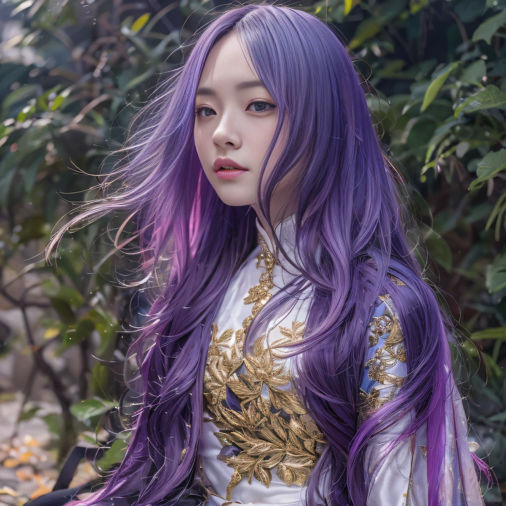 Genki Girl 32K（tmasterpiece，k hd，hyper HD，32K）Long flowing bright purple hair，Autumn Pond，zydink， a color，  Asian people （Genki girl）， （Silk scarf）， Combat posture， looking at the ground， long whitr hair， Floating bright purple， Fire cloud pattern gold tiara， Chinese long-sleeved gold silk garment， （Abstract metaverse splash：1.2）， white backgrounid，Lotus Vitality Protector（realisticlying：1.4），Bright purple hair，Smoke on the road，The background is pure， A high resolution， the detail， RAW photogr， Sharp Re， Nikon D850 Film Stock Photo by Jefferies Lee 4 Kodak Portra 400 Camera F1.6 shots, Rich colors, ultra-realistic vivid textures, Dramatic lighting, Unreal Engine Art Station Trend, cinestir 800，A girl with flowing bright purple long hair