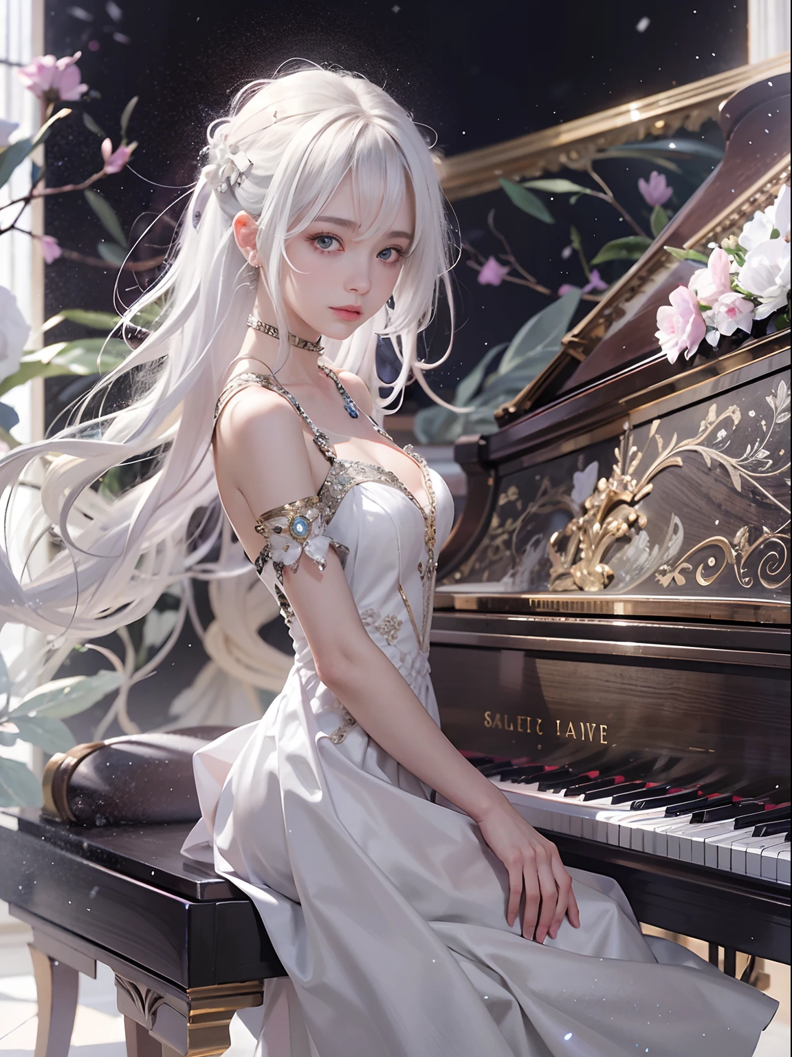 1girl, solo, long hair, piano, instrument, black eyes, dress, white dress, white hair, looking at viewer, light particles, closed mouth, indoors, jewelry, sleeveless, bare shoulders, bangs, from side, head rest on piano, head tilt,black rose, beautiful detailed eyes, detailed background,
