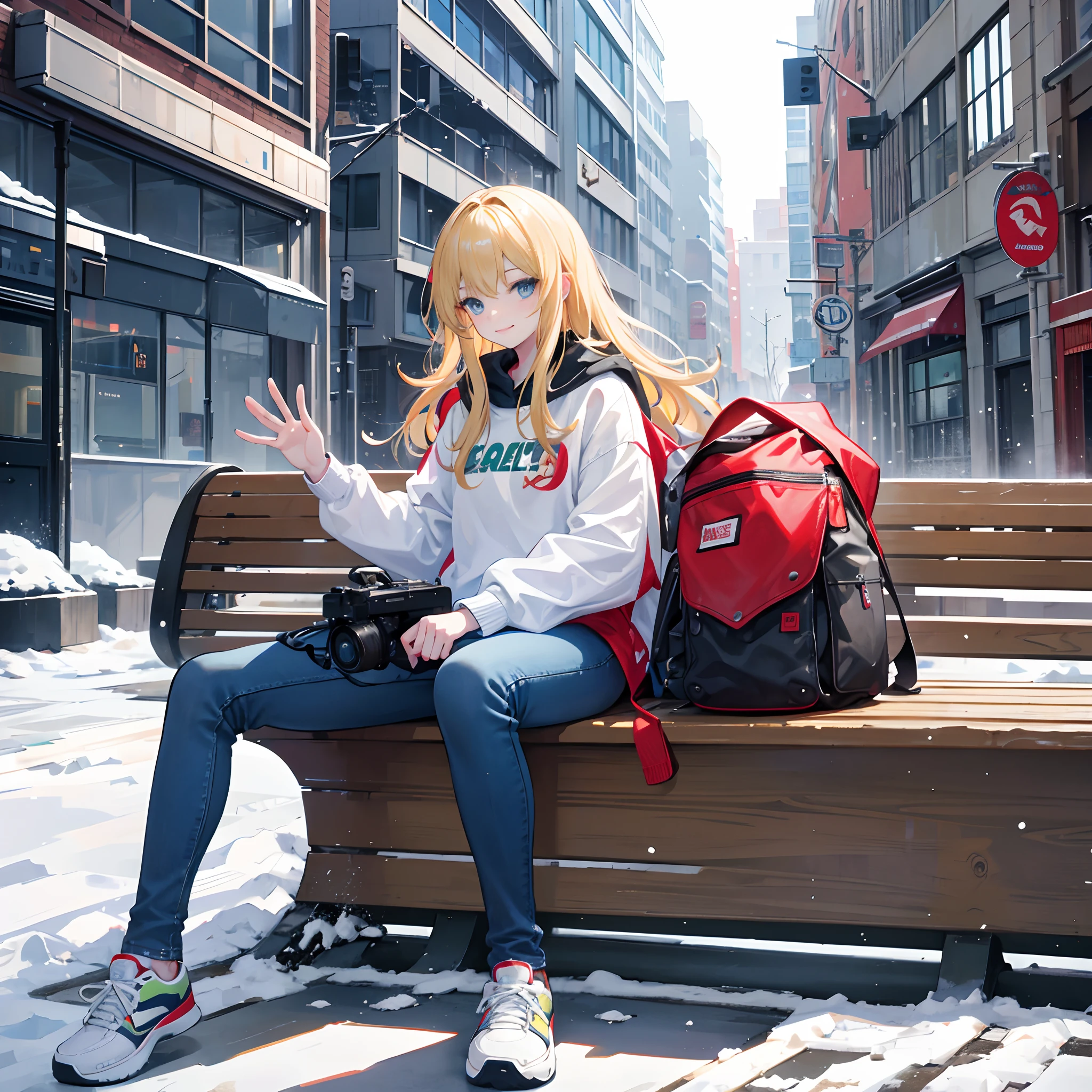 solo,A tall female college student,Big blonde waves,Hair length and shoulders,green pupills,Northeast big red cotton jacket,blue denim pants,black sneaker shoes,Carrying a black guitar backpack on his back,Heavy snowfall in winter,Sit on a street bench,Smile and wave to the camera