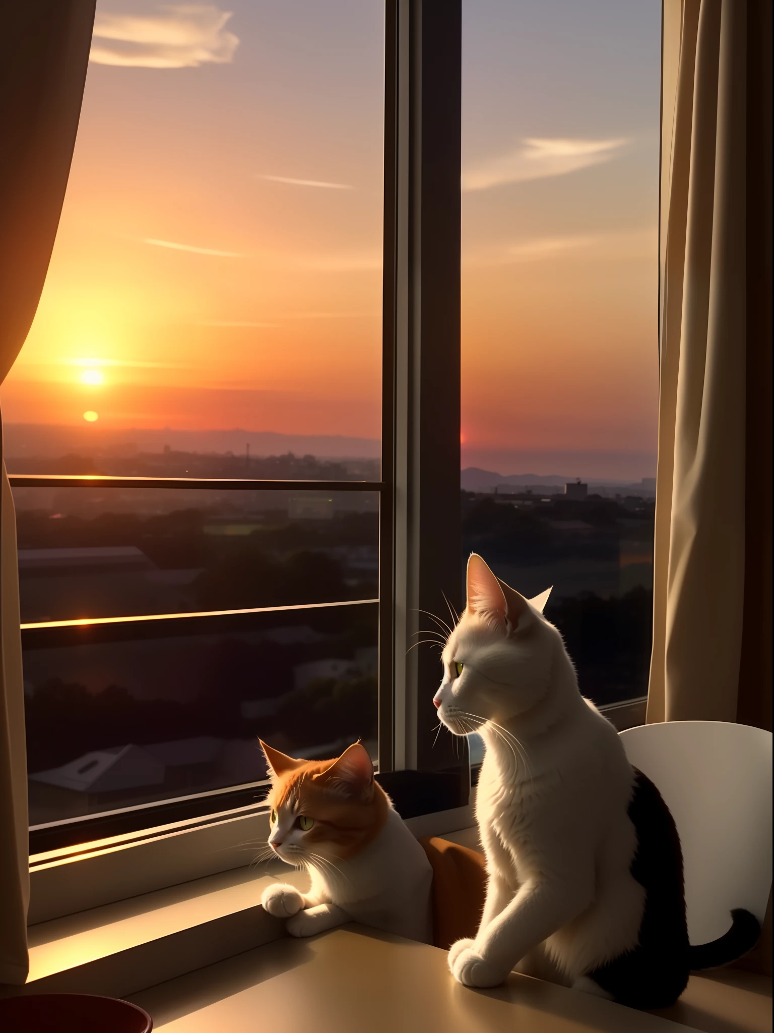 There was a cat sitting on a table looking out the window, watching the sunset, cat on a windowsill, warm beautiful scene, watching the sunset. anime big breast, looking out at a sunset, at a beautiful sunset, breathtaking shot, Amazing composition, ultra-realistic picture, watching the sunset, Looking out the window, beautiful realistic photo, amazing wallpapers