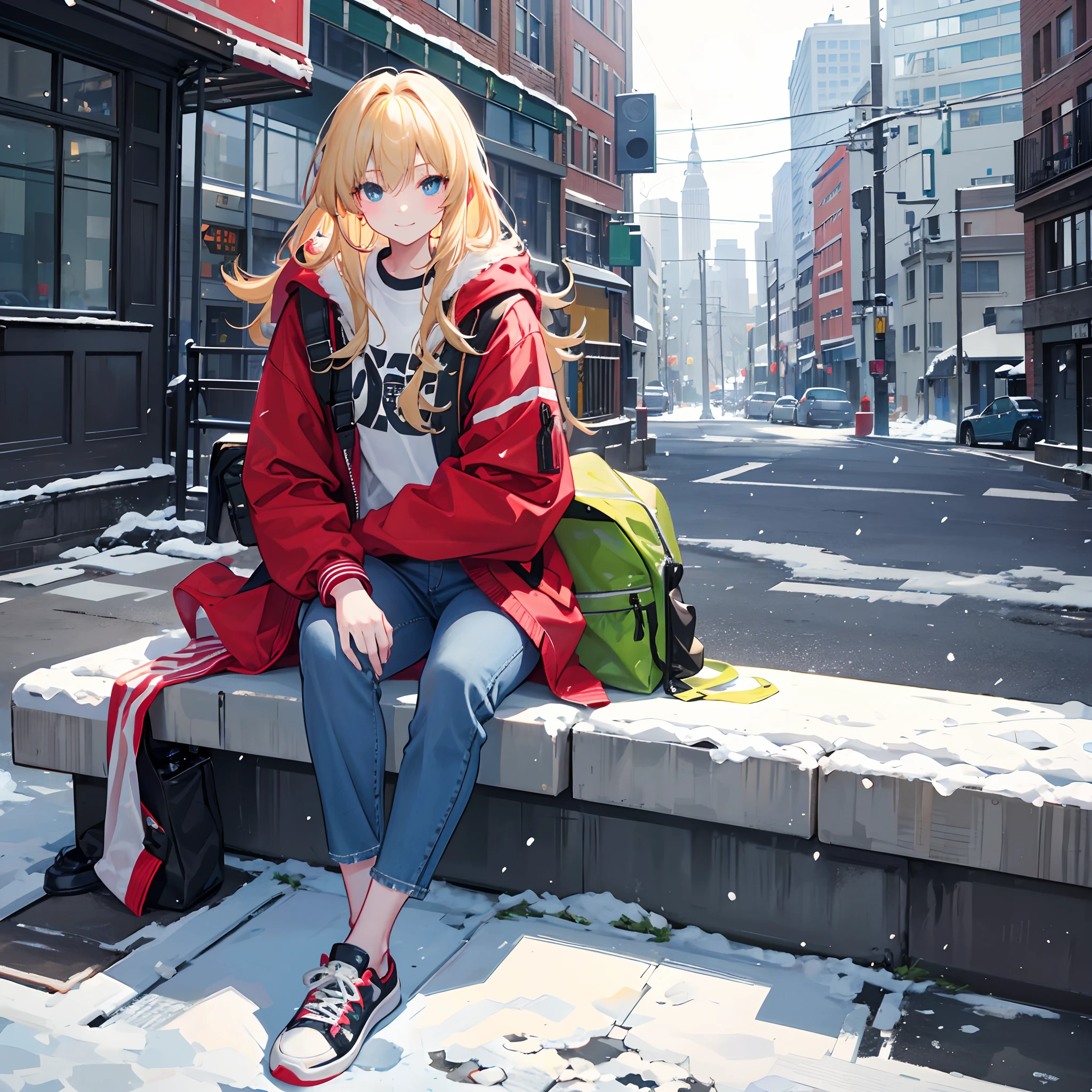 solo,A tall female college student,Big blonde waves,Hair length and shoulders,green pupills,Northeast big red cotton jacket,blue denim pants,black sneaker shoes,Carrying a black guitar backpack on his back,Heavy snowfall in winter,Sit on a street bench,Smile and wave to the camera