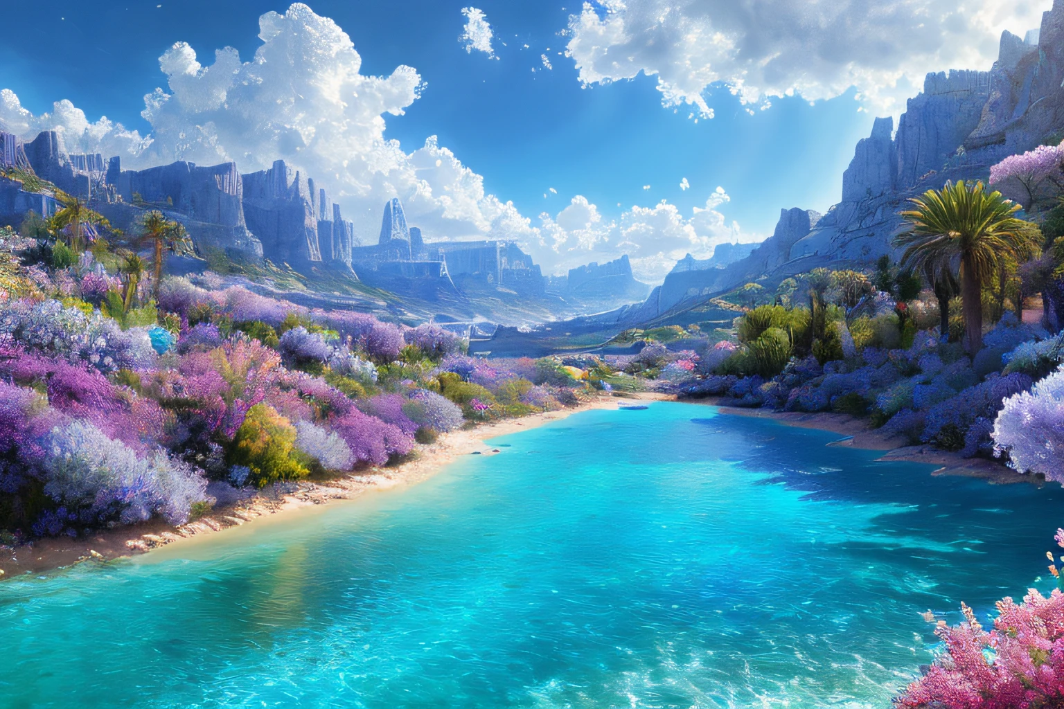 paysage futuriste, Eau bleu azur,fleurs  (Highly detailed CG Unit 8k wallpaper), The most beautiful work of art in the world, Professional majestic oil painting, complexe, High detail, mise au point nette, dramatique, Art of photorealist painting,